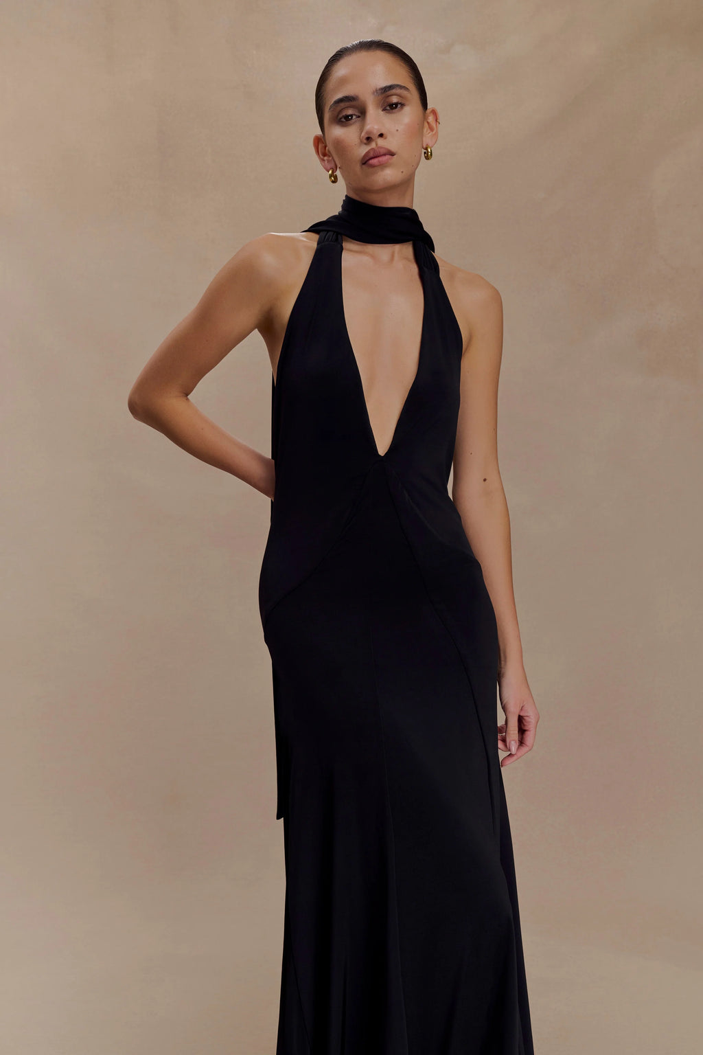 Juliet Slinky Maxi Dress With Scarf - Black