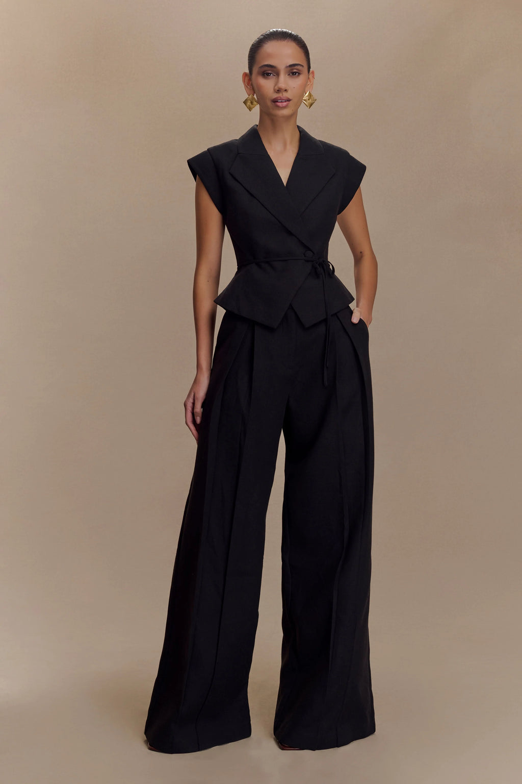Raya Mid Rise Wide Leg Linen Pant - Black