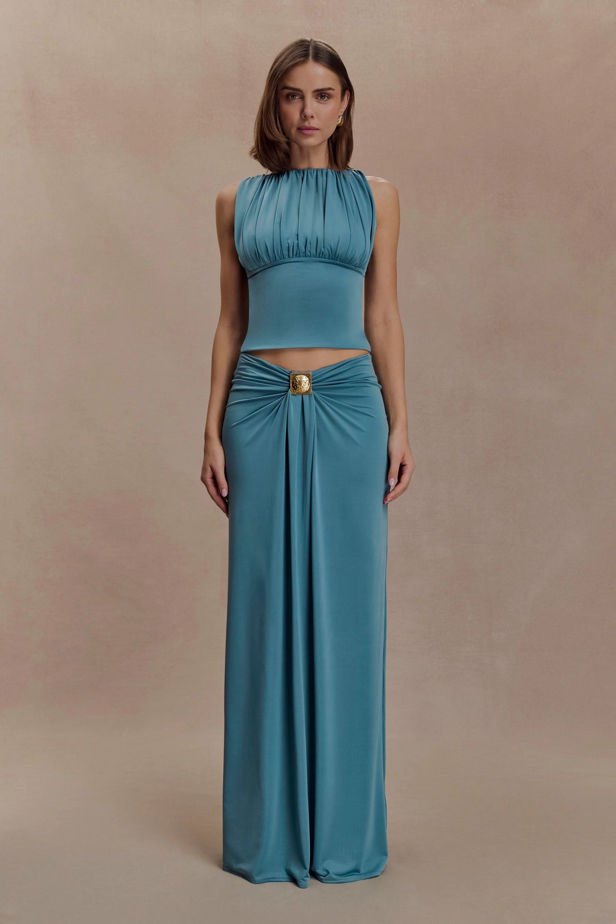 Erina Slinky Ruched Maxi Skirt With Hardware - Teal