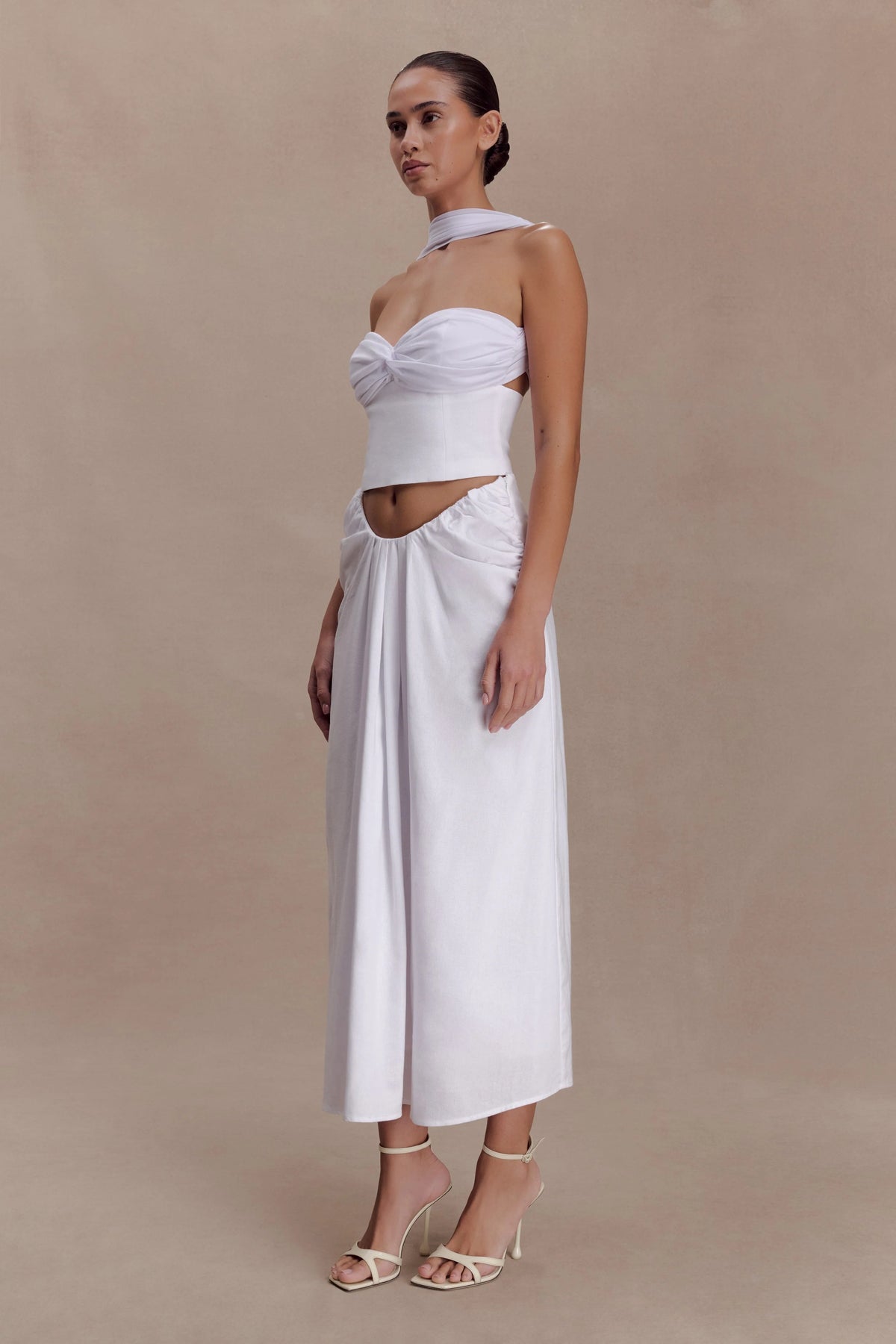 Talia Draped Linen Midi Skirt - White