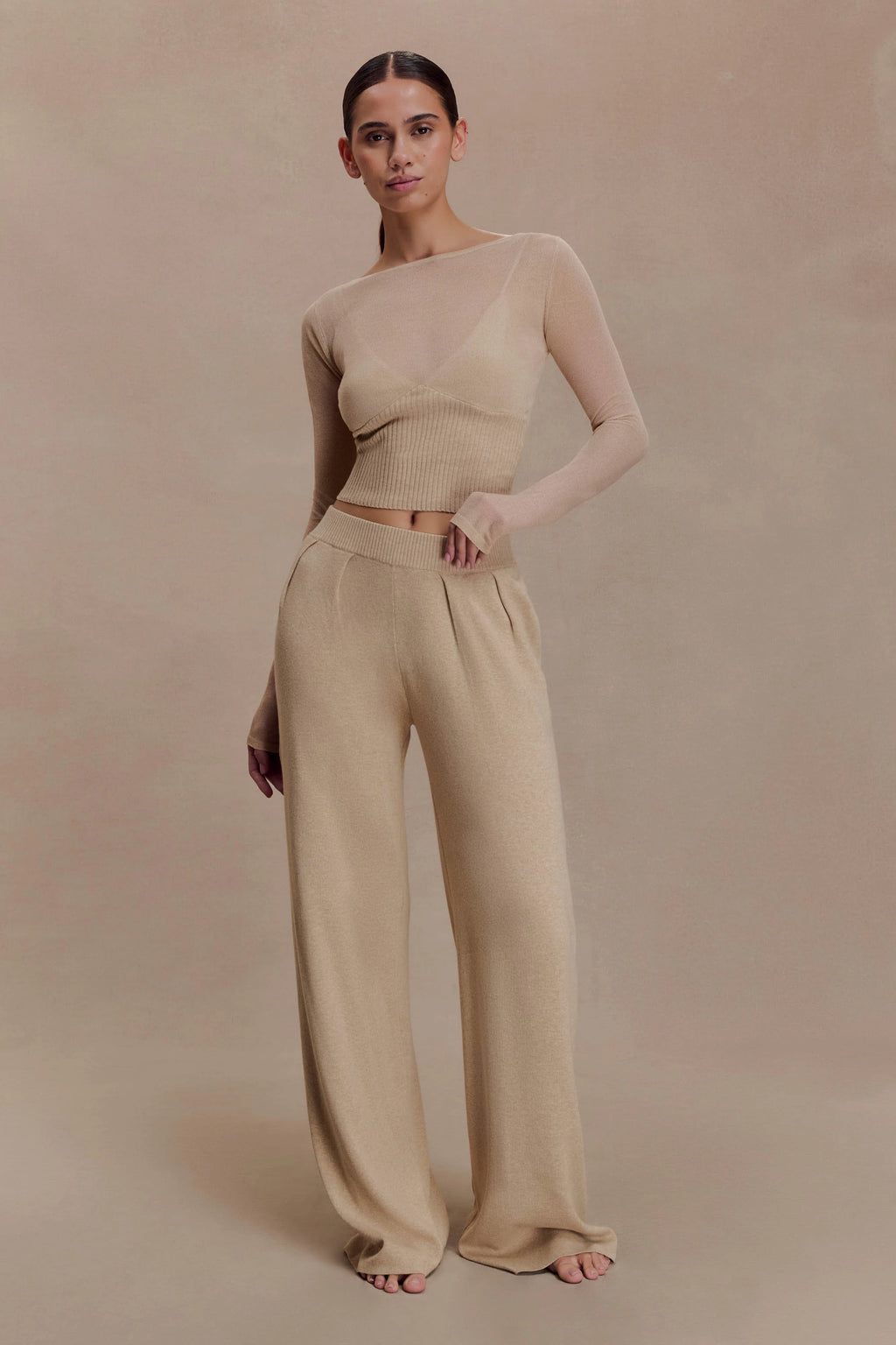 Frannie Gathered Silk Blend Knit Pants - Sand