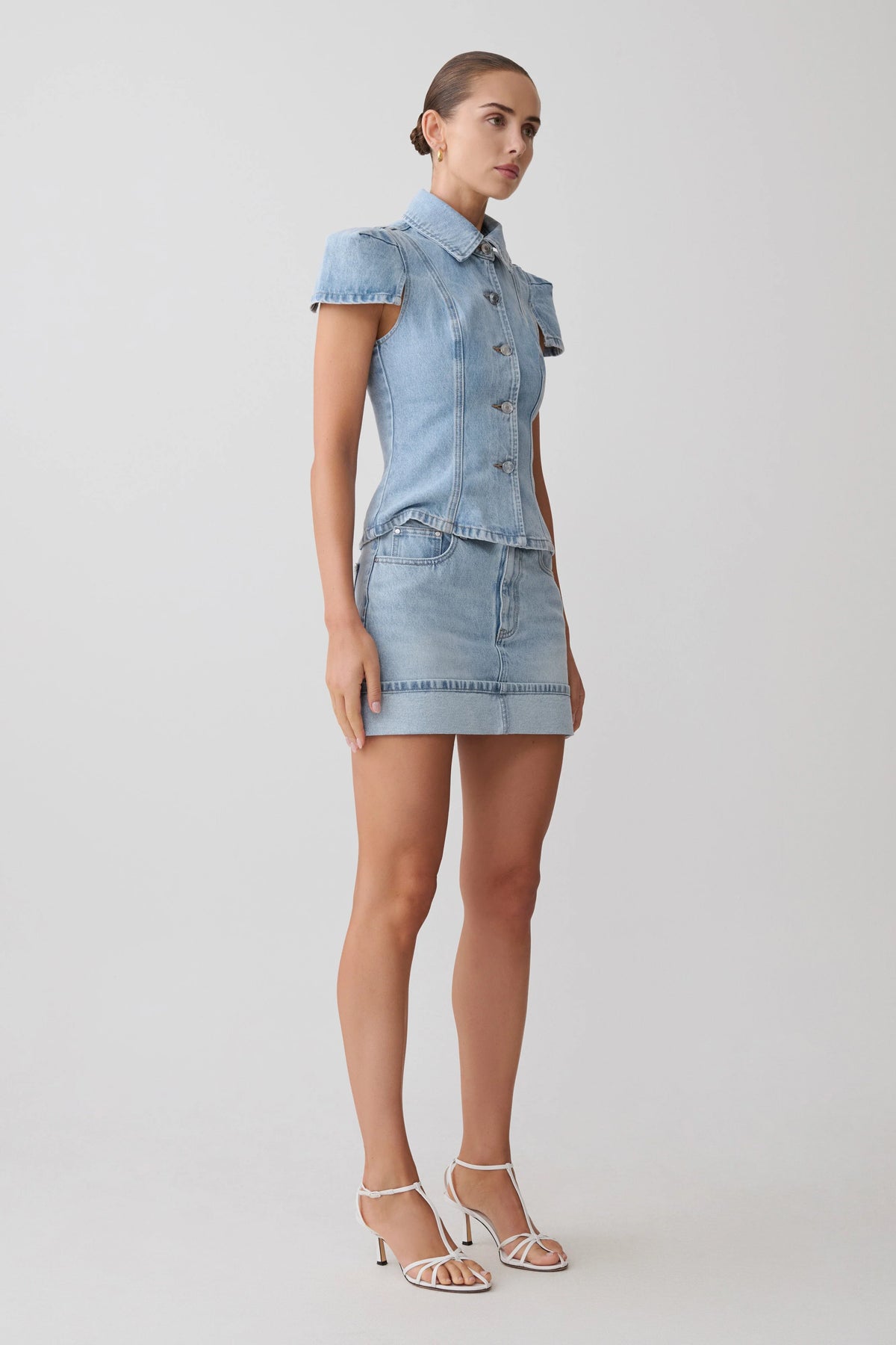 Lakoda Cuffed Denim Mini Skirt - Washed Light Blue