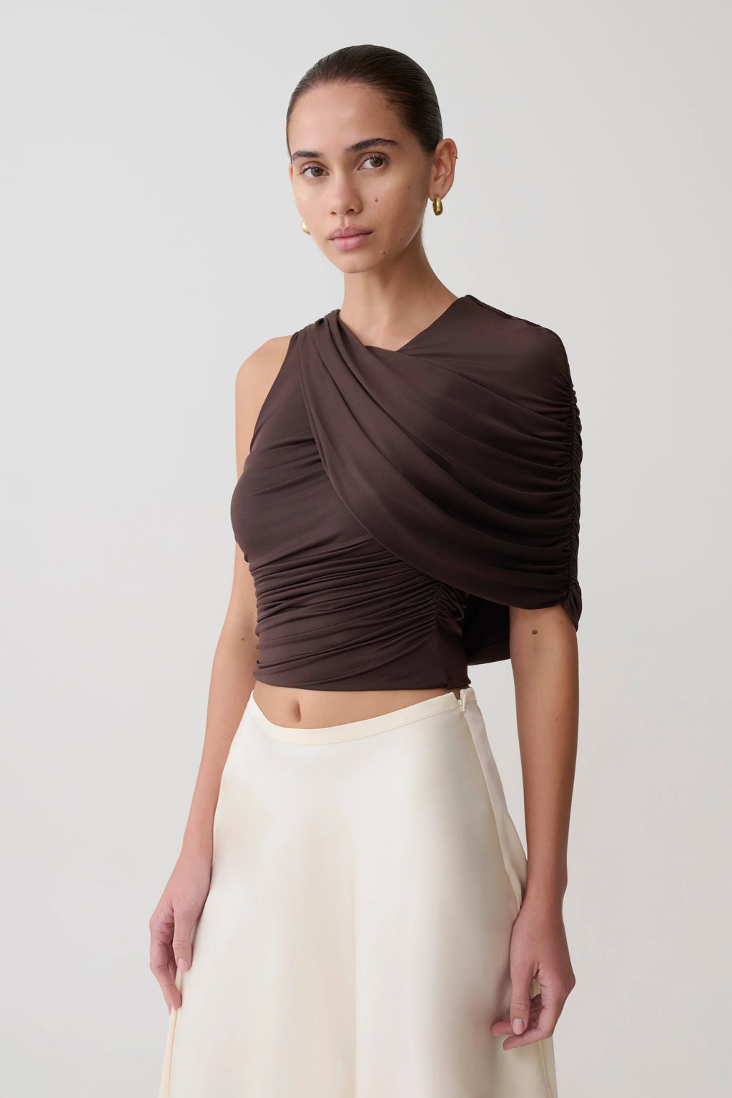 Adrienne One Shoulder Slinky Top - Chocolate