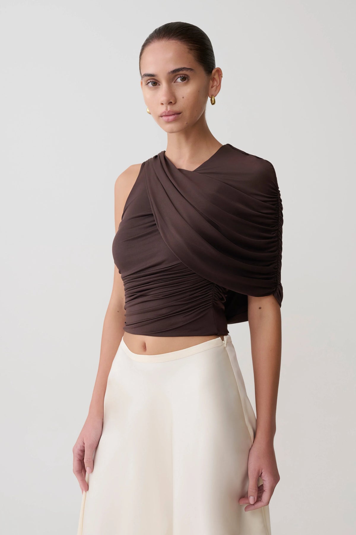 Adrienne One Shoulder Slinky Top - Chocolate
