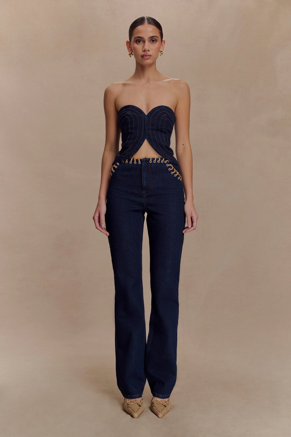 Tully Strapless Topstitch Denim Top - Indigo Blue