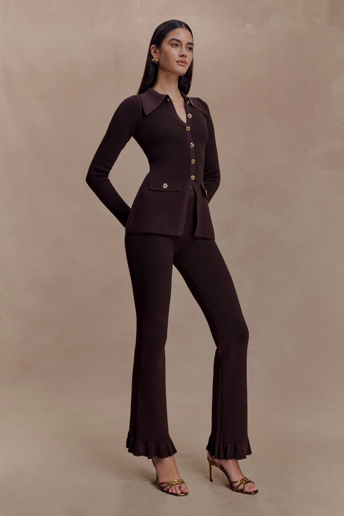 Suzie Ribbed Flared Pants - Chocolate