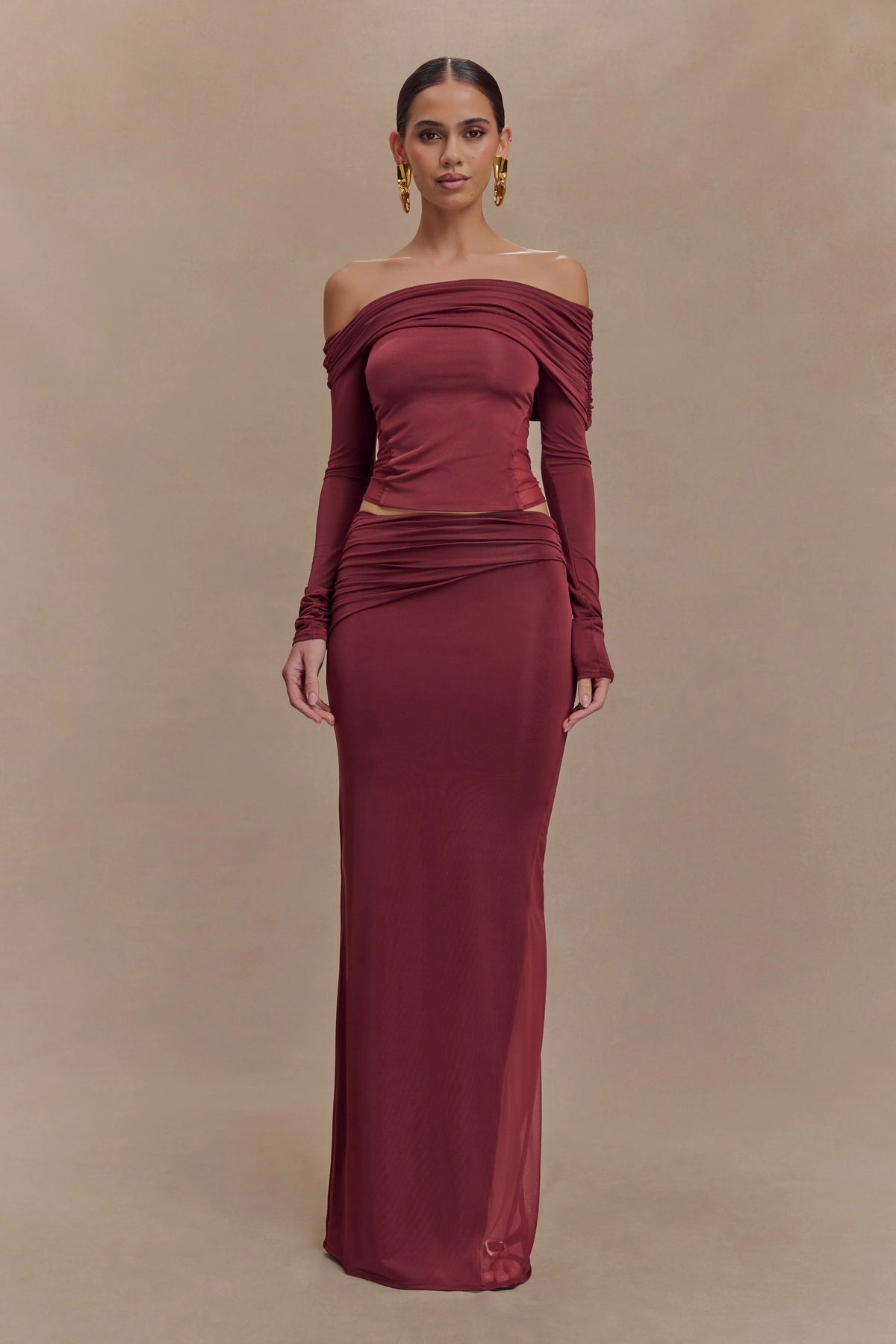 Judy Slinky And Mesh Off Shoulder Top - Wine