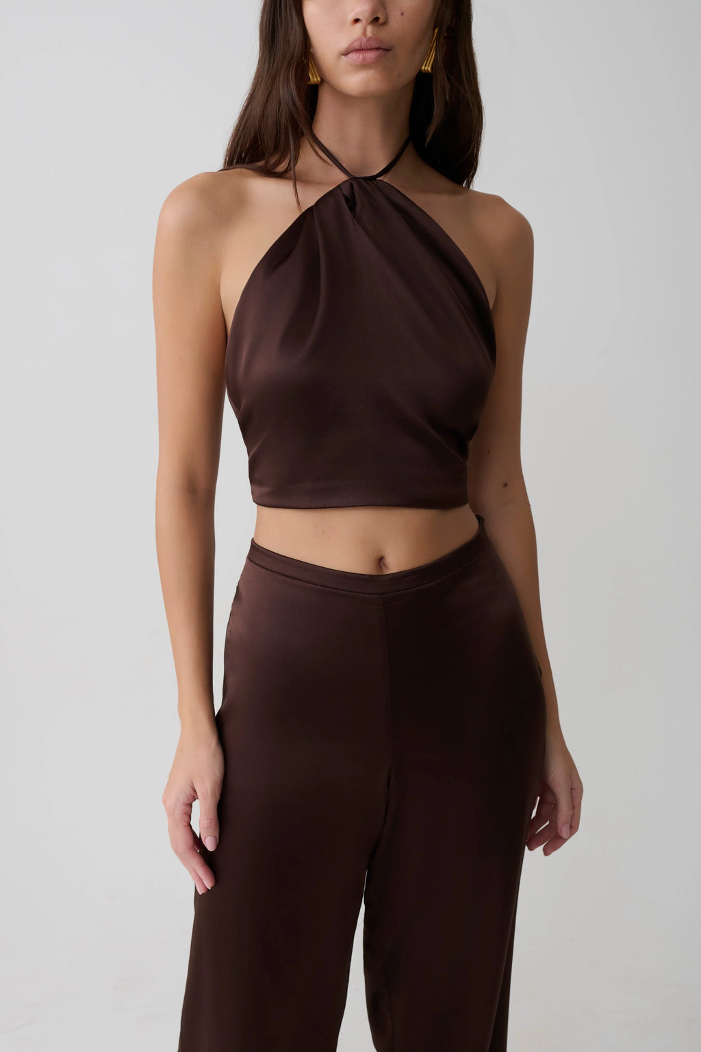 Mariana Halter Silk Blend Sleeveless Top - Dark Chocolate