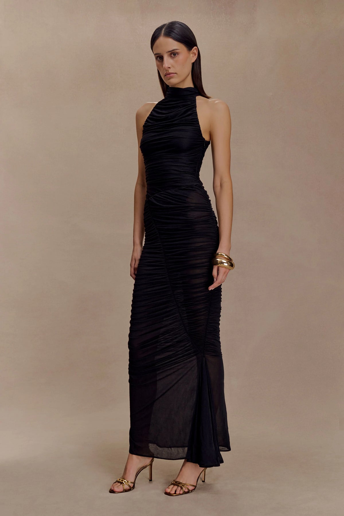 Matilda Ruched Mesh Maxi Skirt - Black