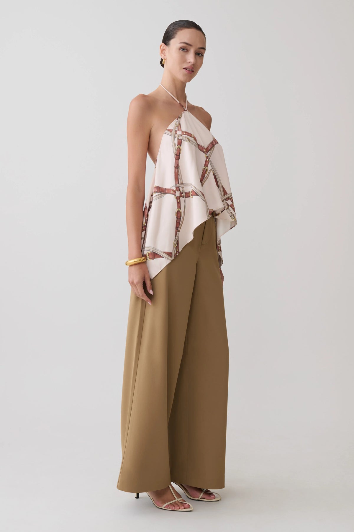 Adelaide Draped Satin Halter Top - Chain Print