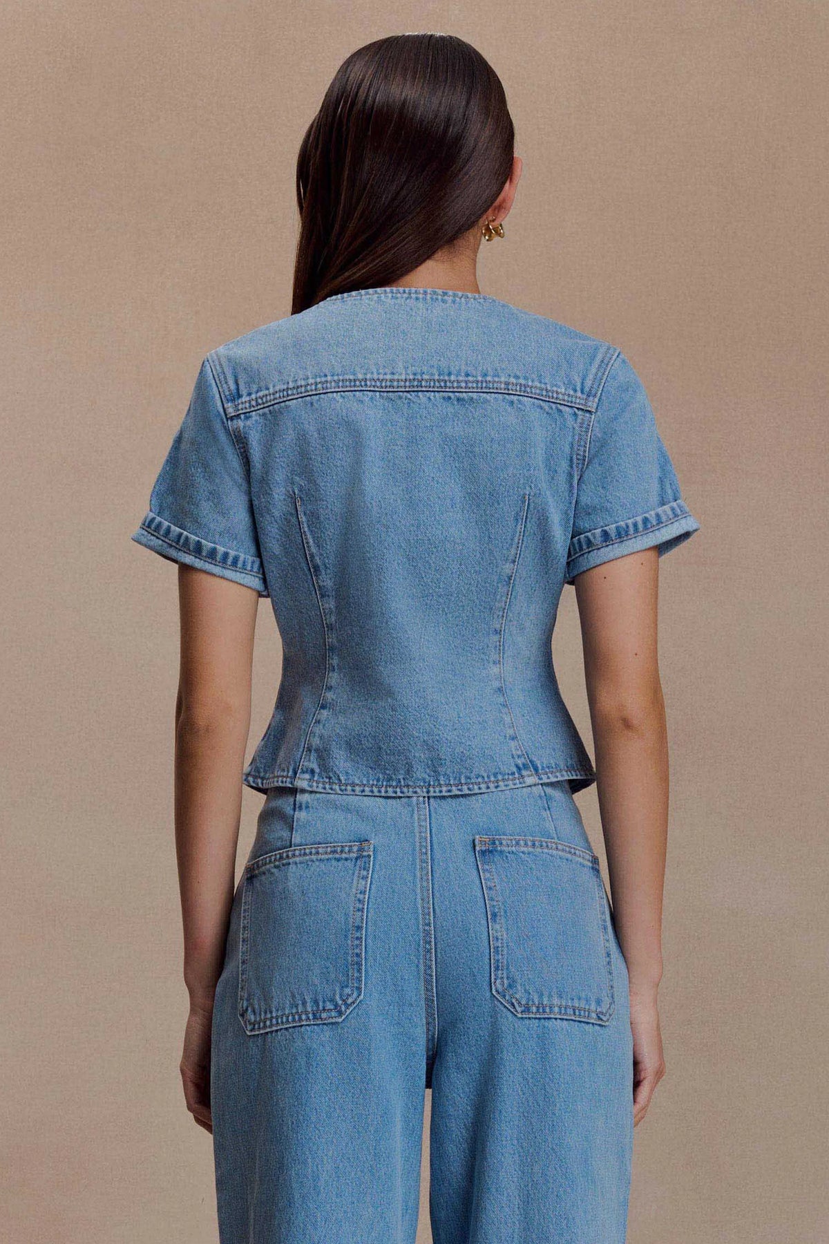 Marge Fitted Denim Short Sleeve Top - Classic Blue