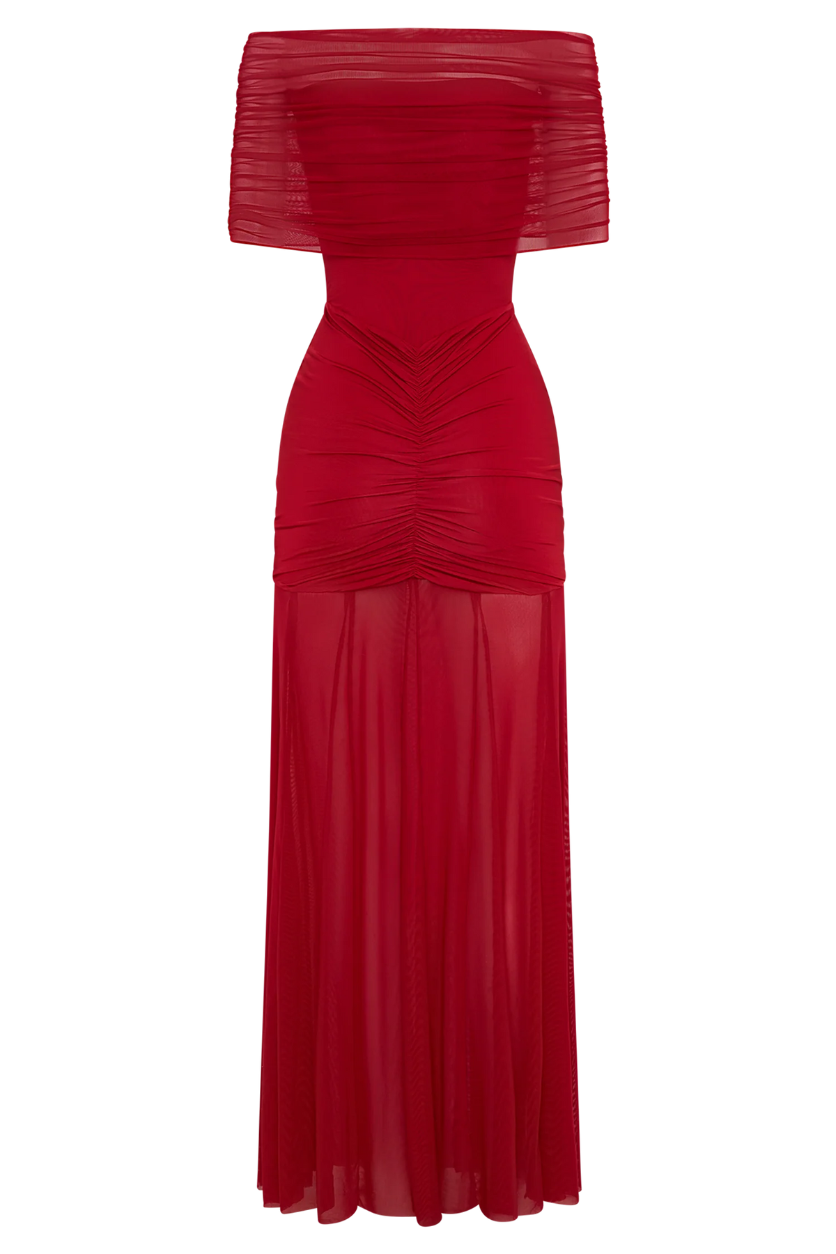 Caspian Slinky And Mesh Off Shoulder Maxi Dress - Ruby