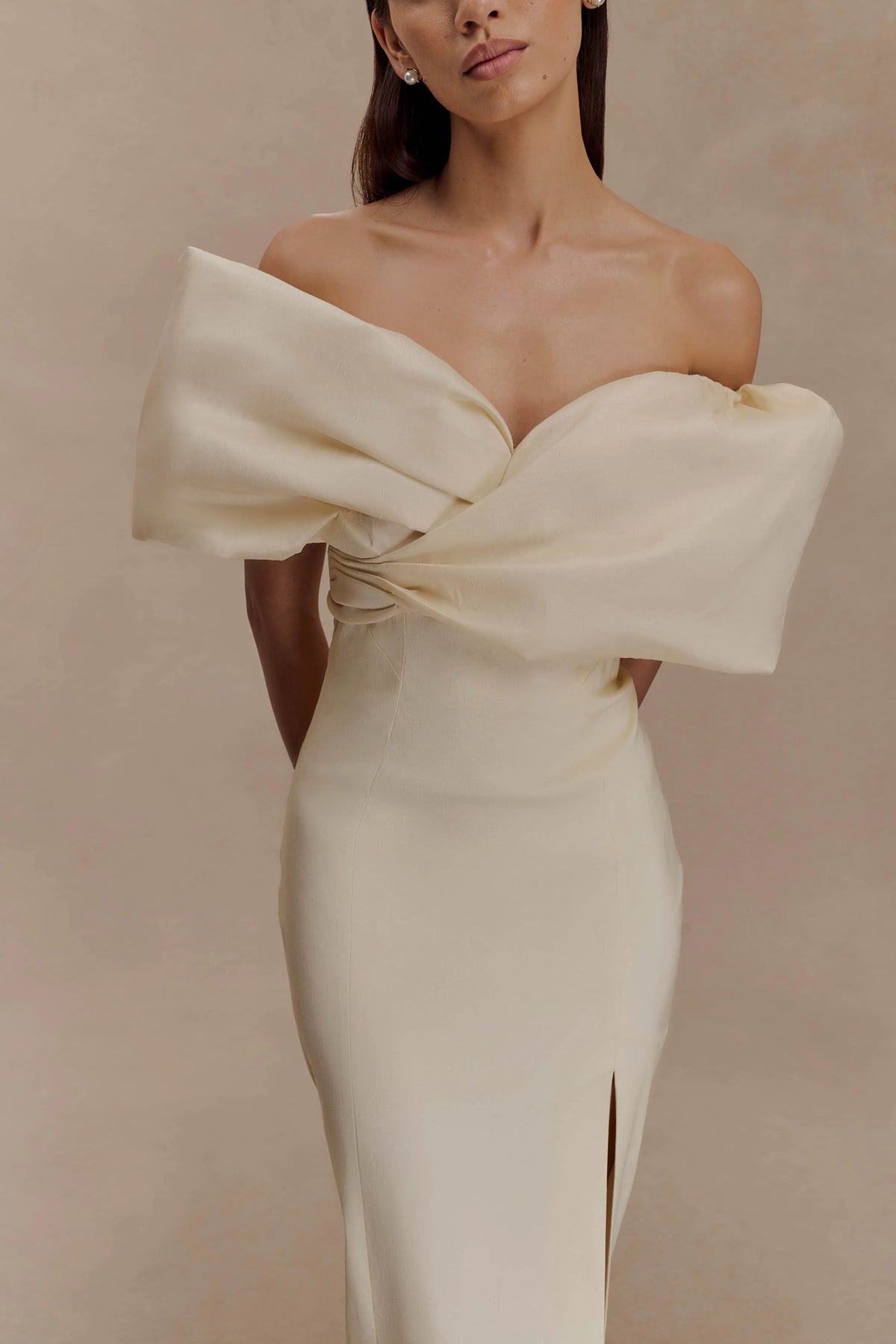Angelica Taffeta Off Shoulder Bridal Gown - Soft Beige