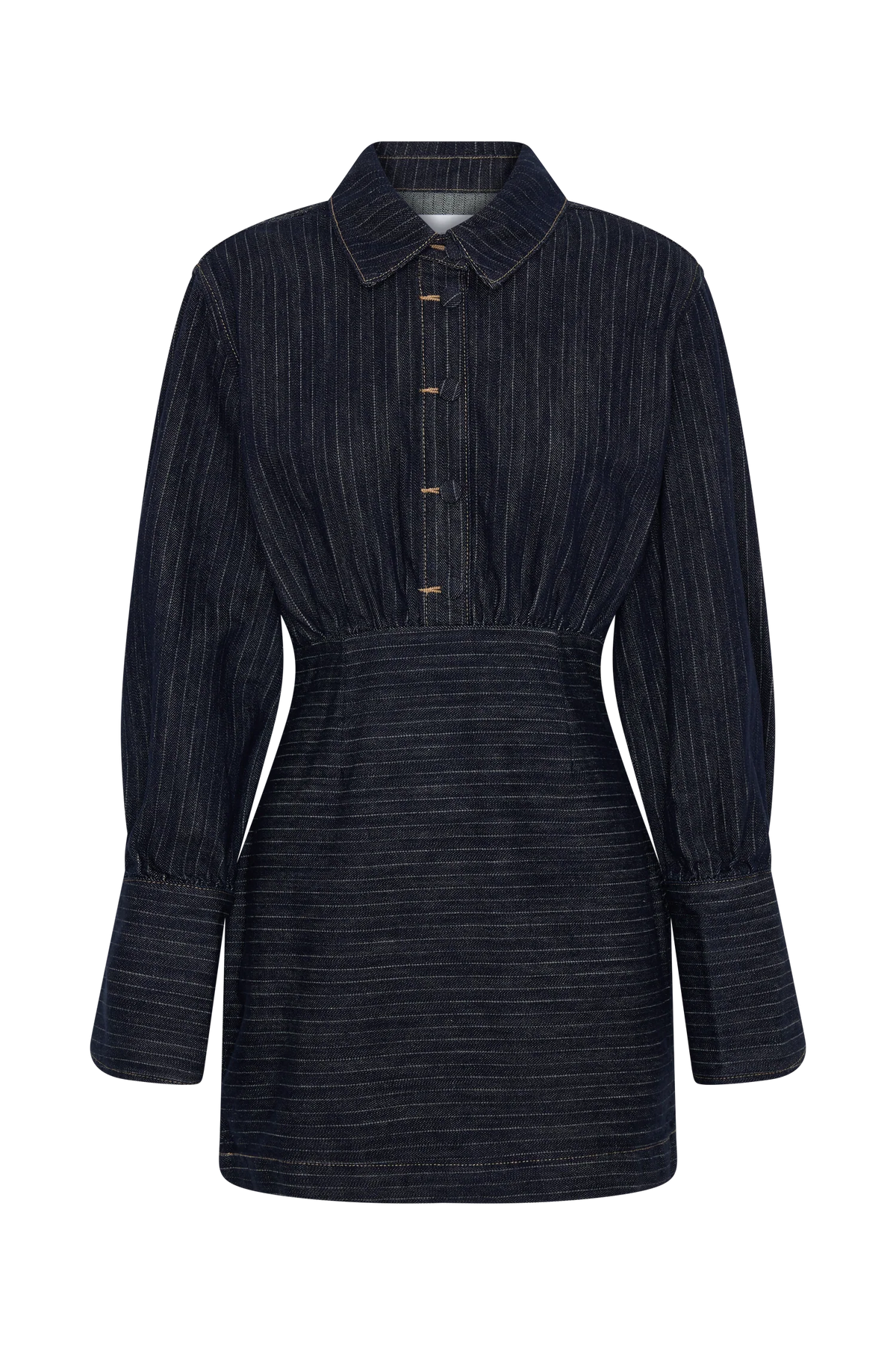 Zarah Denim Long Sleeve Mini Dress - Indigo Pinstripe