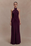 Indira Gathered Slinky Halter Maxi Dress - Mahogany