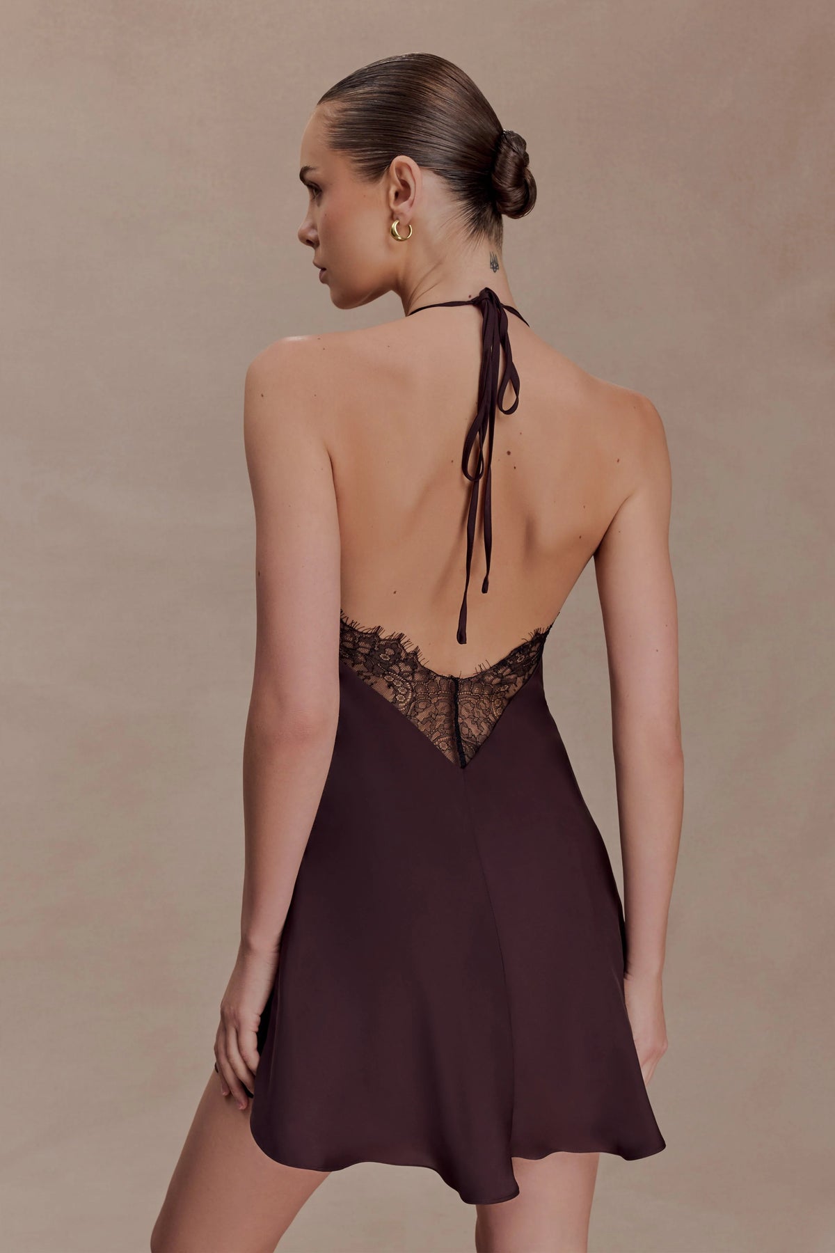 Regina Halter Lace And Satin Mini Dress - Chocolate