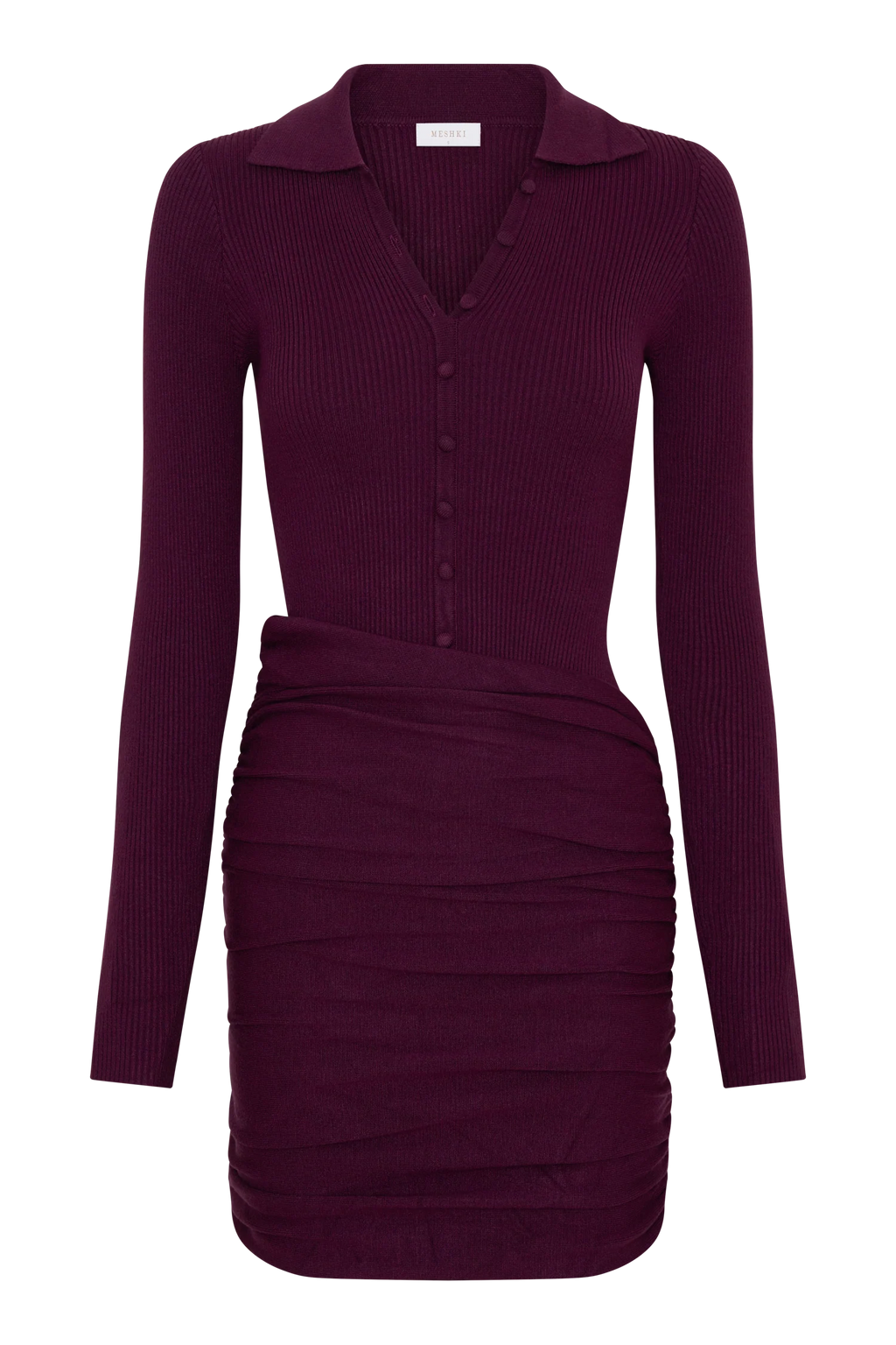 Agness Long Sleeve Button Up Knit Dress - Plum