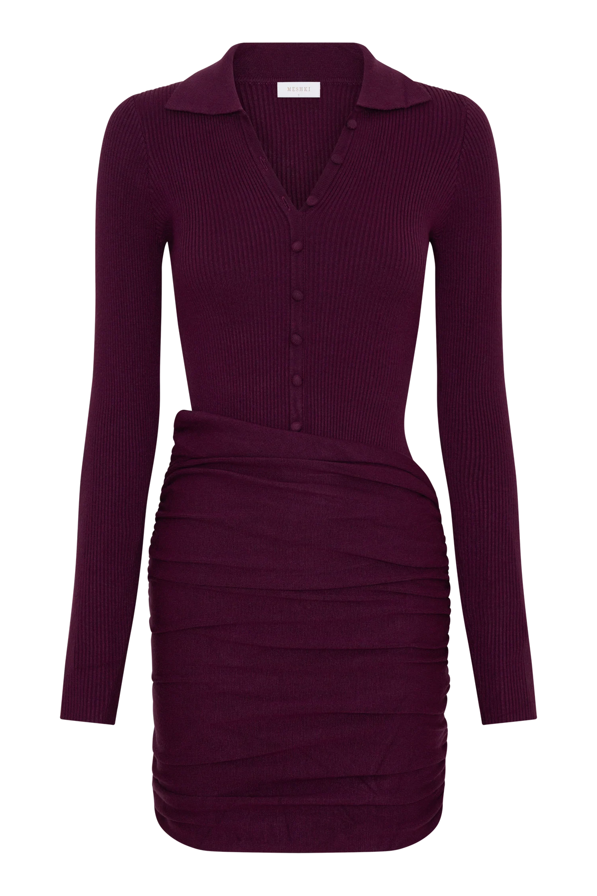Agness Long Sleeve Button Up Knit Dress - Plum
