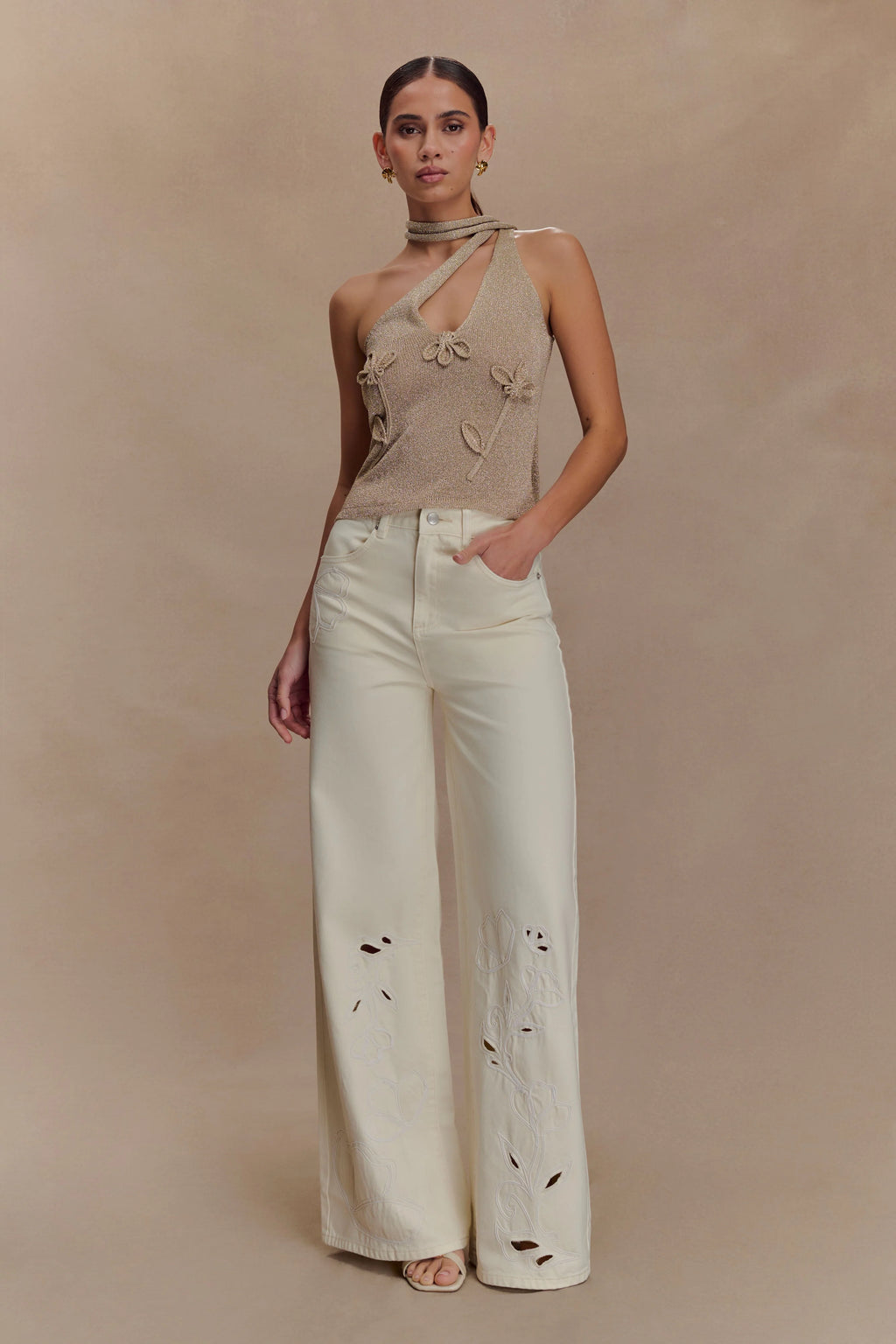 Leone One Shoulder Metallic Knit Top - Gold