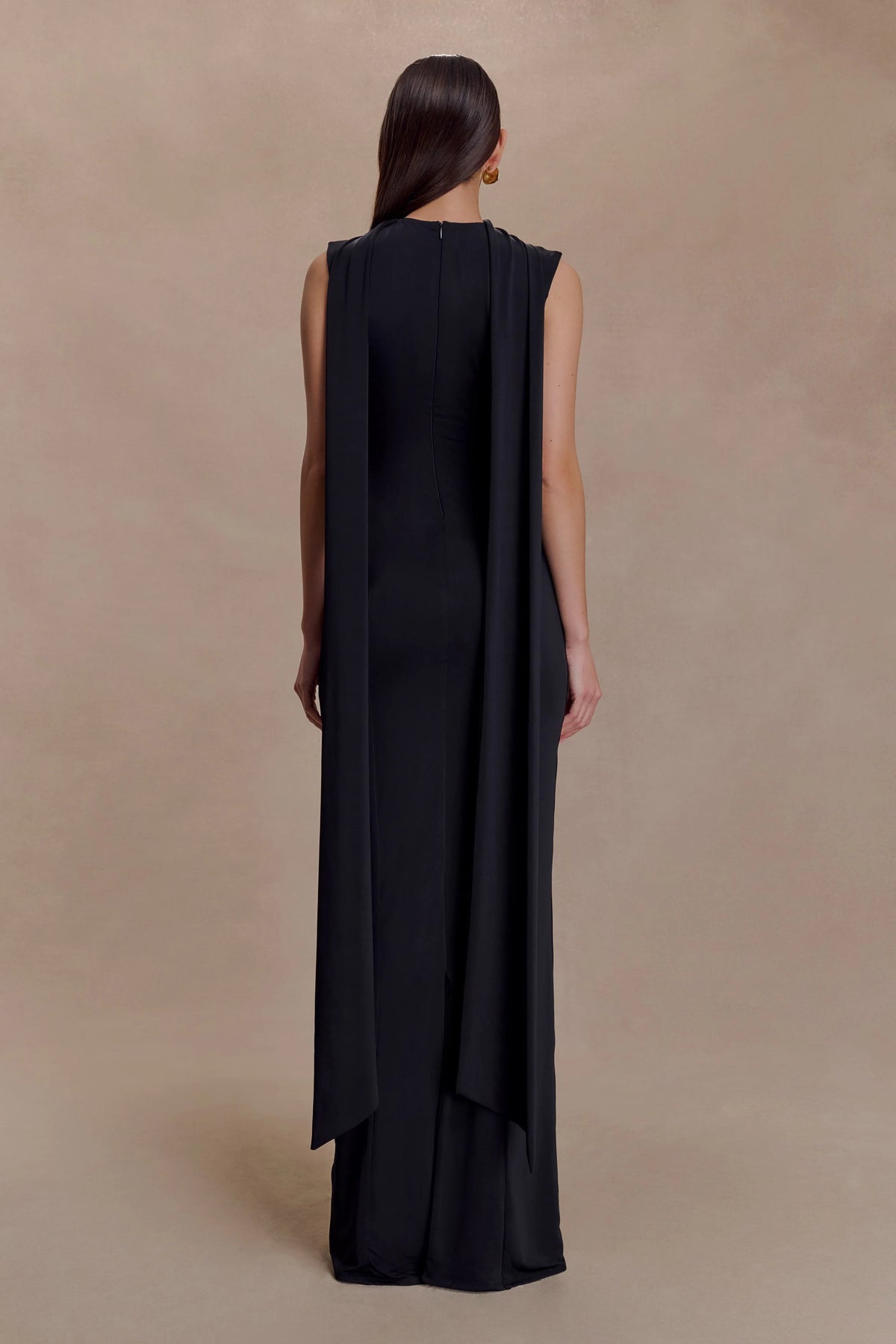 Wisteria Slinky Maxi Dress With Scarf - Black