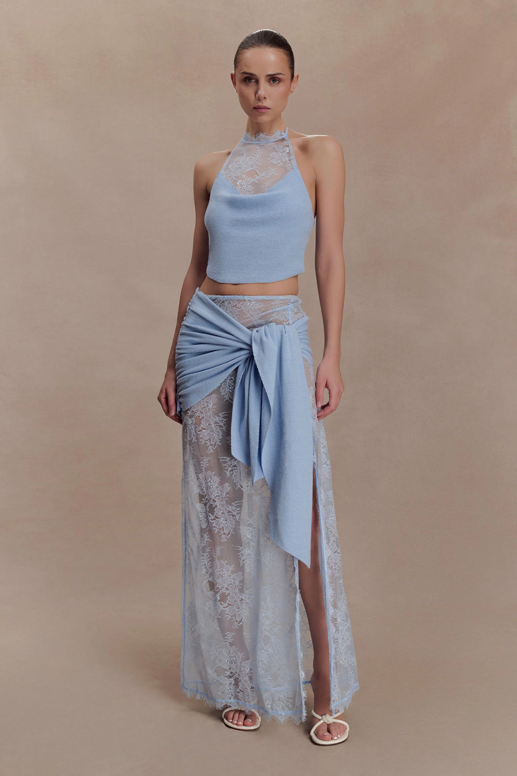 Lucy Lace And Knit Halter Top - Cornflower Blue