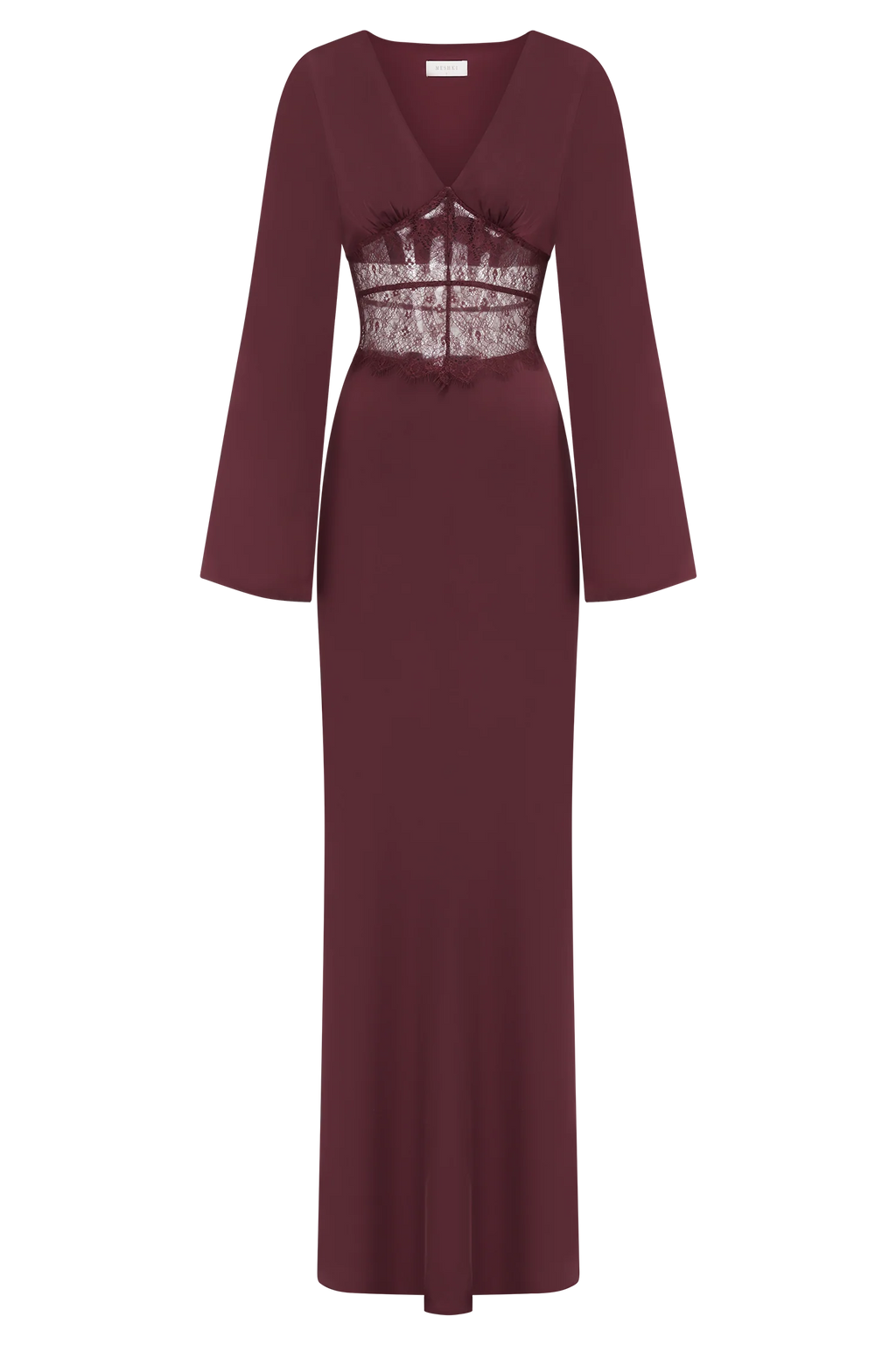 Kaya Long Sleeve Satin And Mesh Maxi Dress - Wine
