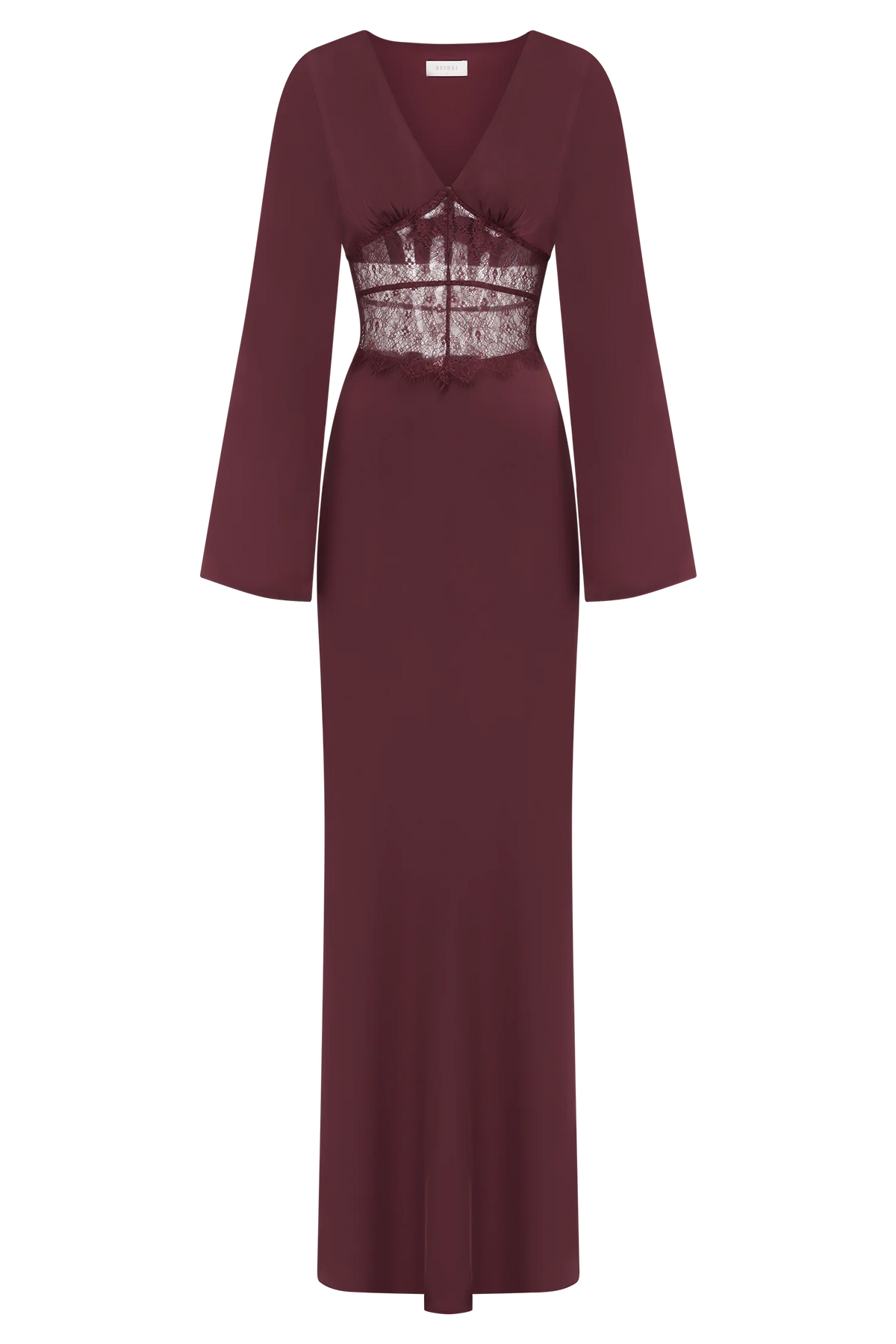Kaya Long Sleeve Satin And Mesh Maxi Dress - Wine