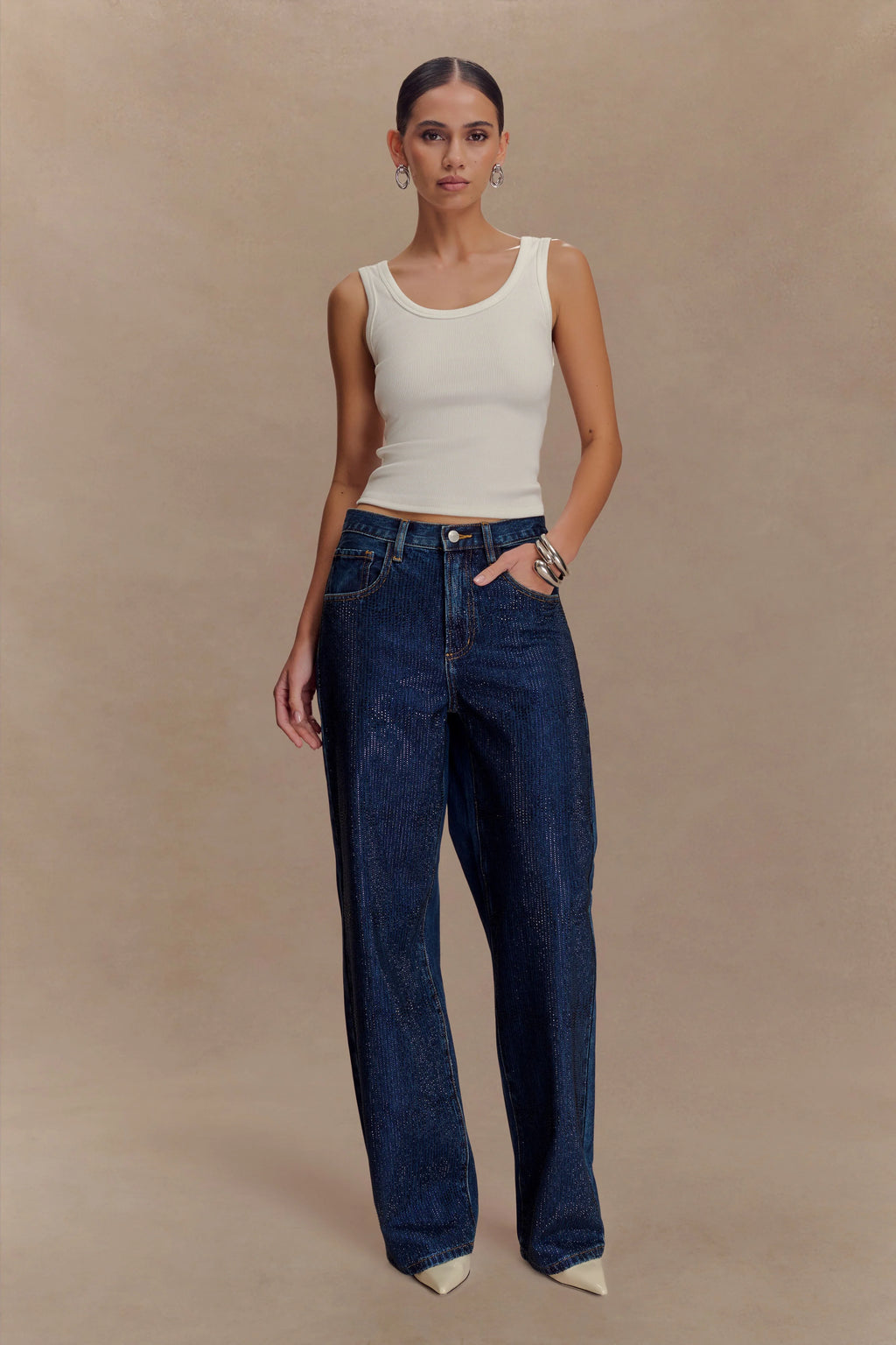 Laina Mid Rise Diamante Denim Jeans - Midnight Blue