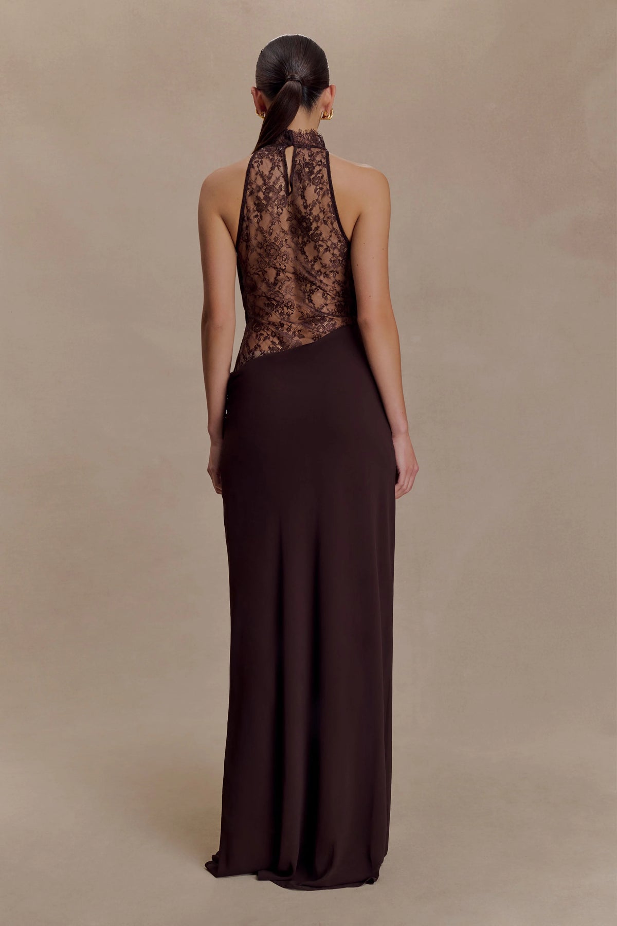 Arra Chiffon And Lace Halter Maxi Dress - Cacao Brown