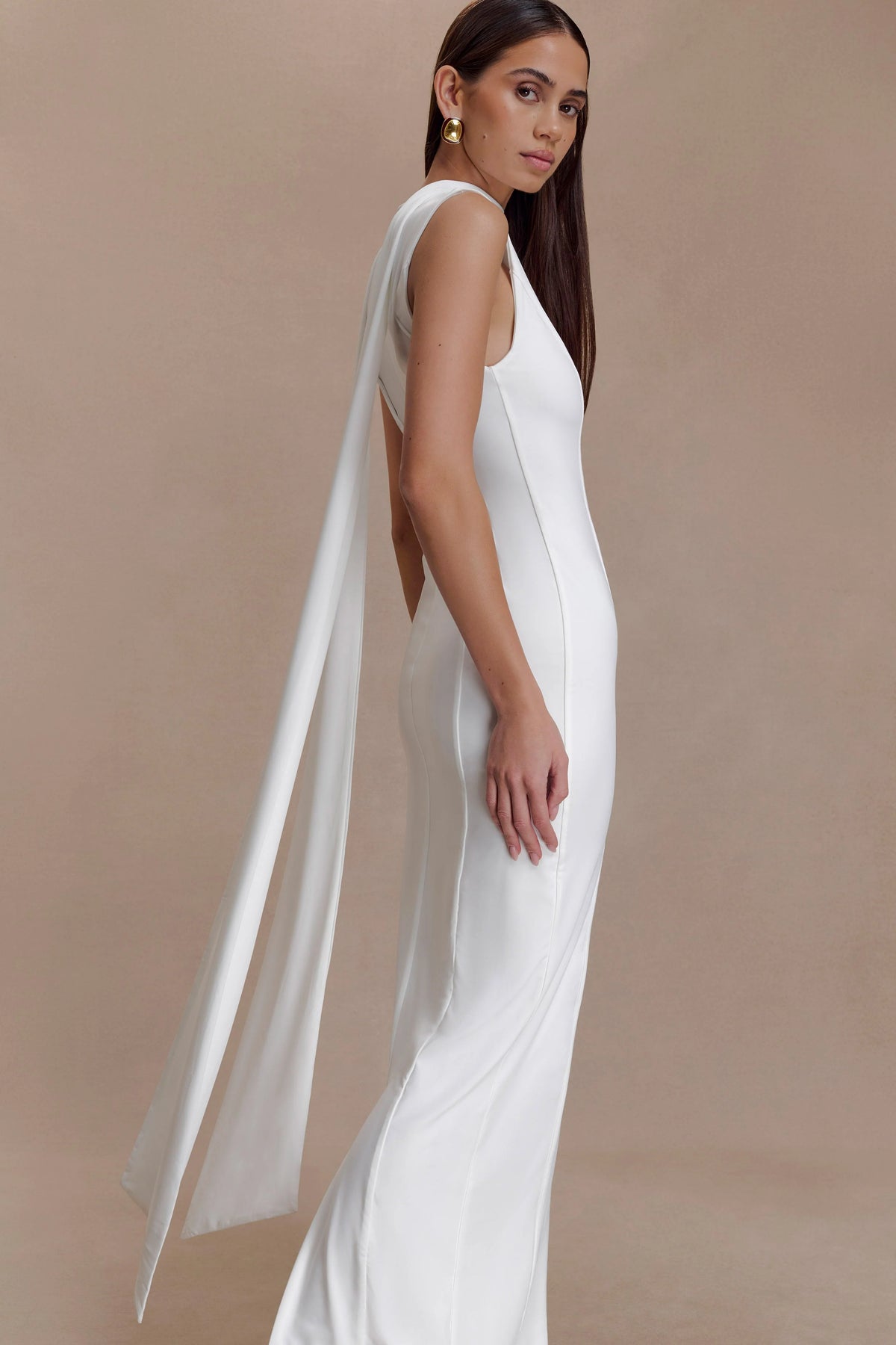 Wisteria Slinky Maxi Dress With Scarf - White