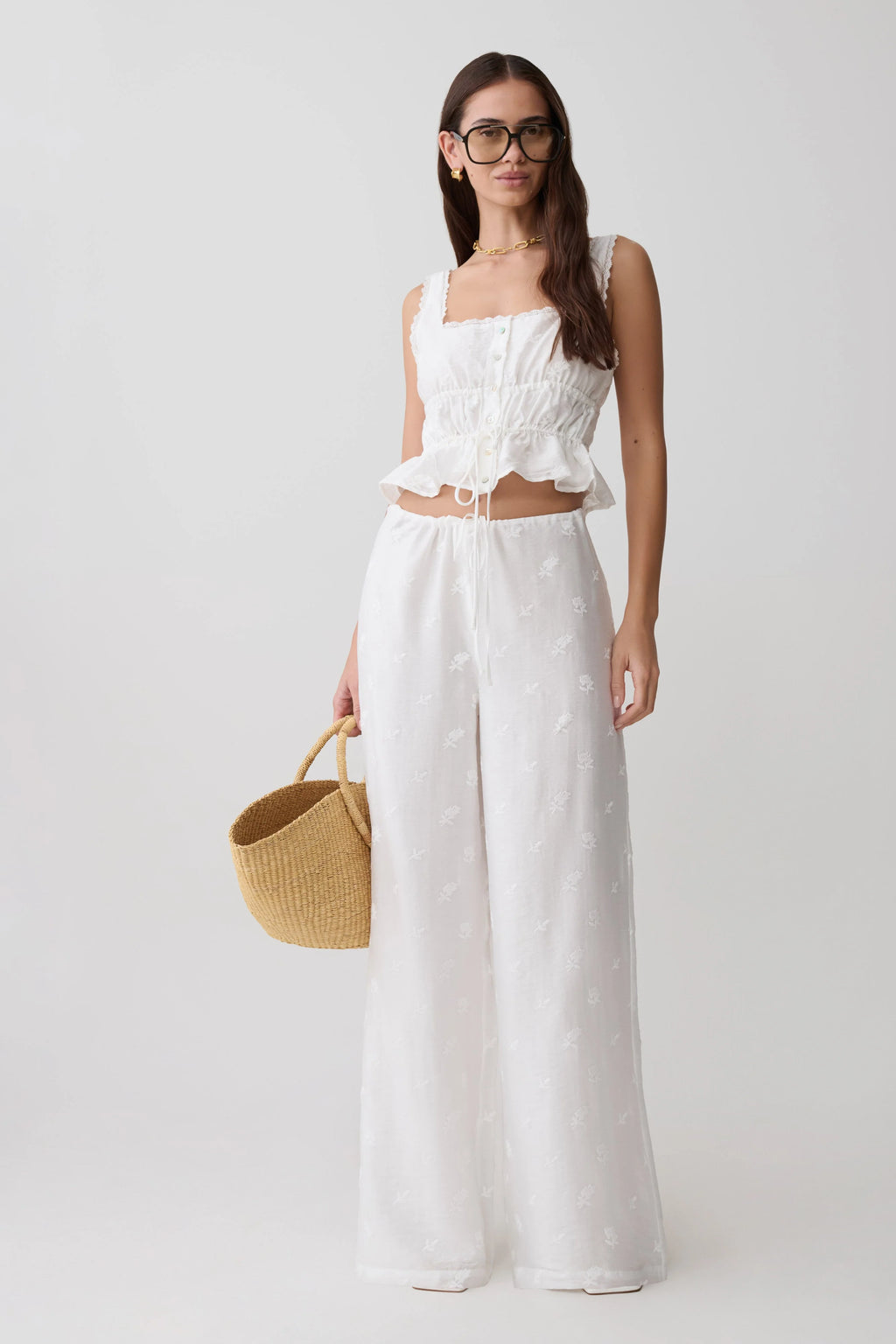 Vivian Tie Waist Embroidered Pant - White