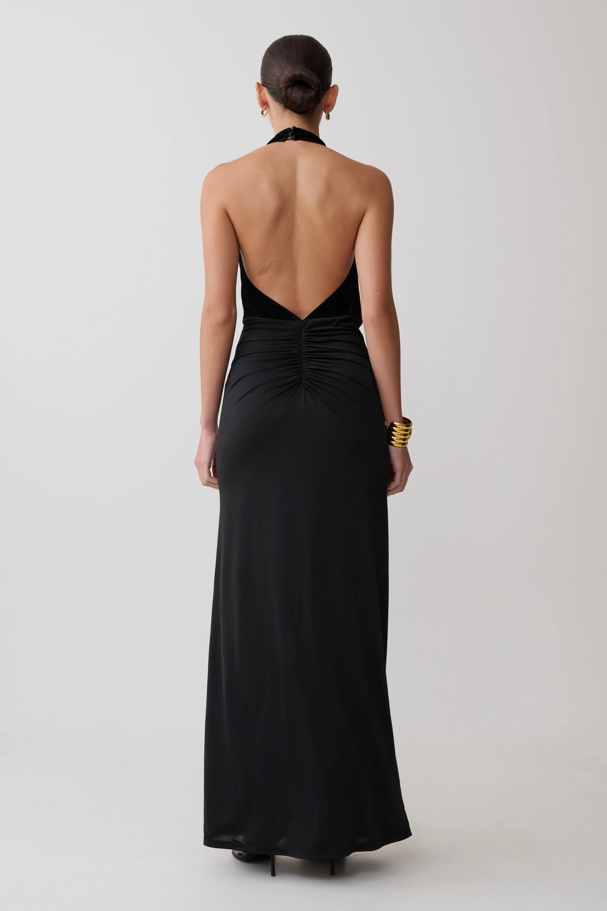 Lien Mesh Velvet Plunge Midi Dress - Black