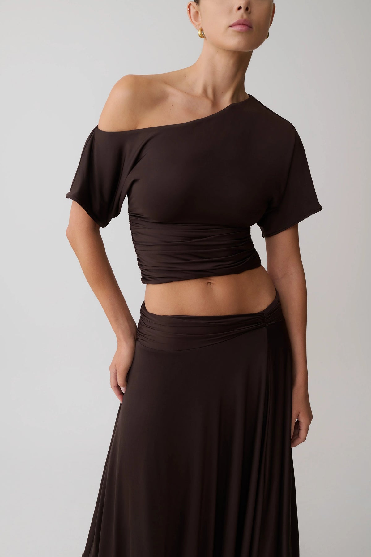 Luu Off Shoulder Slinky Top - Dark Chocolate