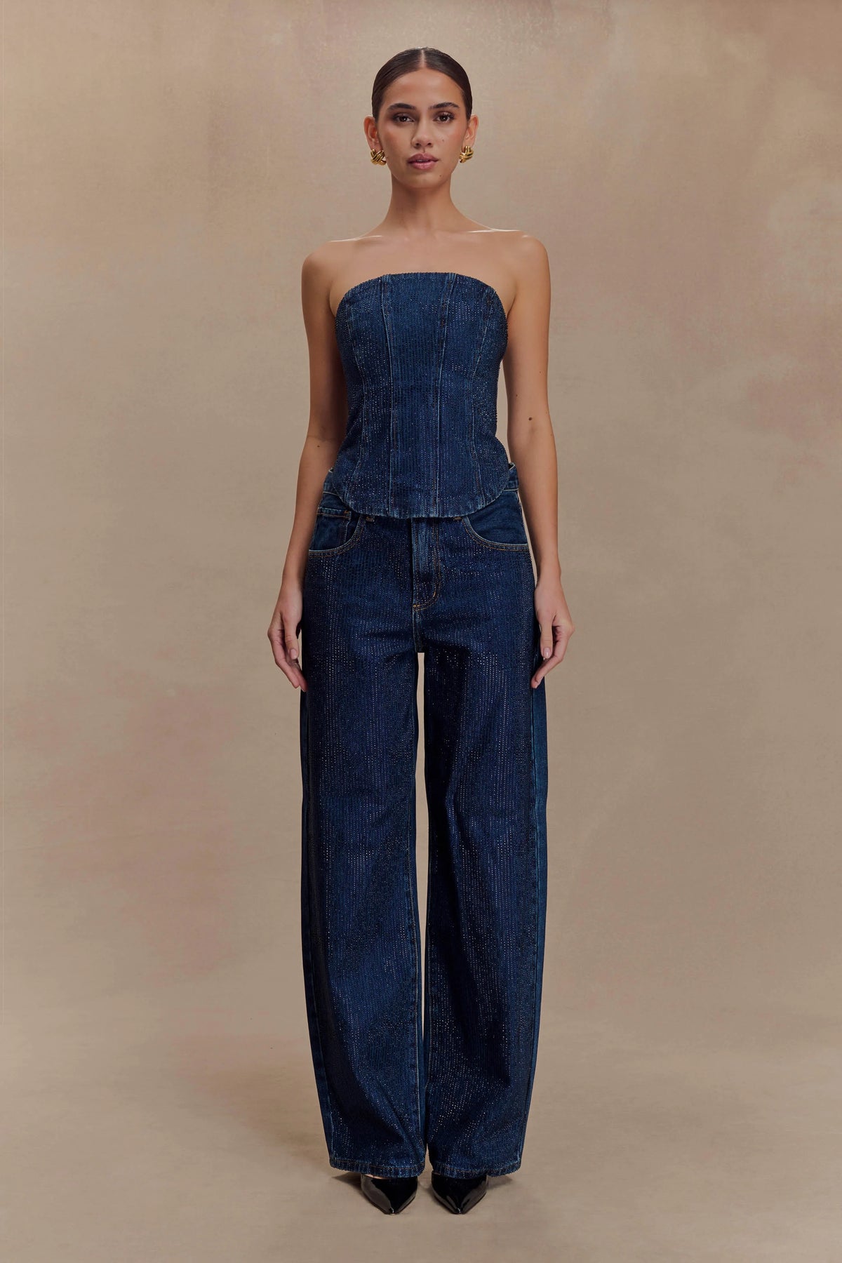 Laina Mid Rise Diamante Denim Jeans - Midnight Blue
