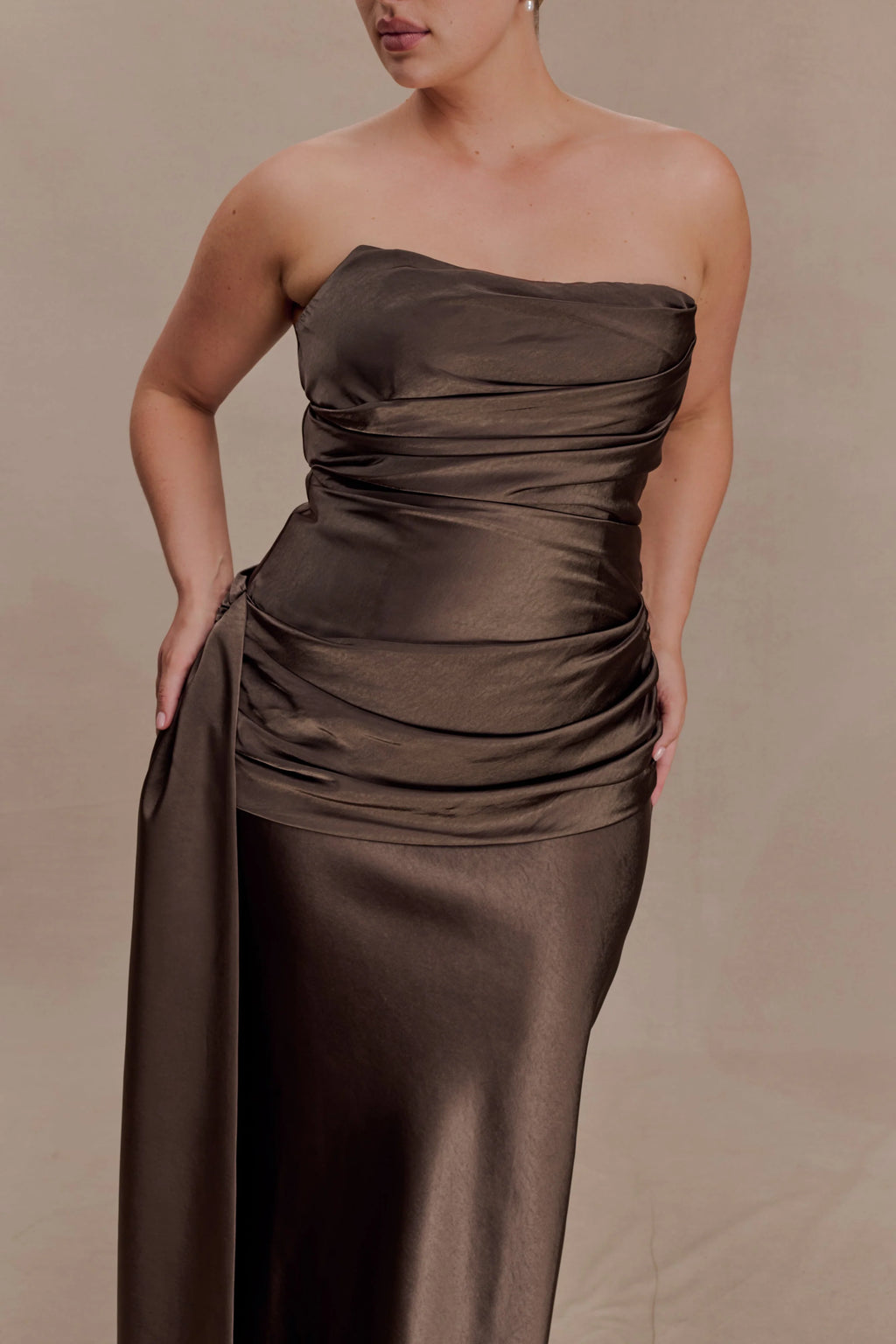 Sarah Strapless Maxi Dress With Waist Tie - Mocha