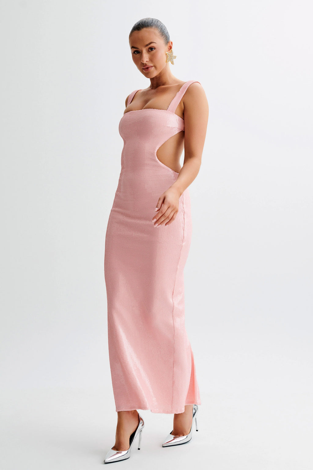 Adoria Sequin Cut Out Maxi Dress - Pale Pink