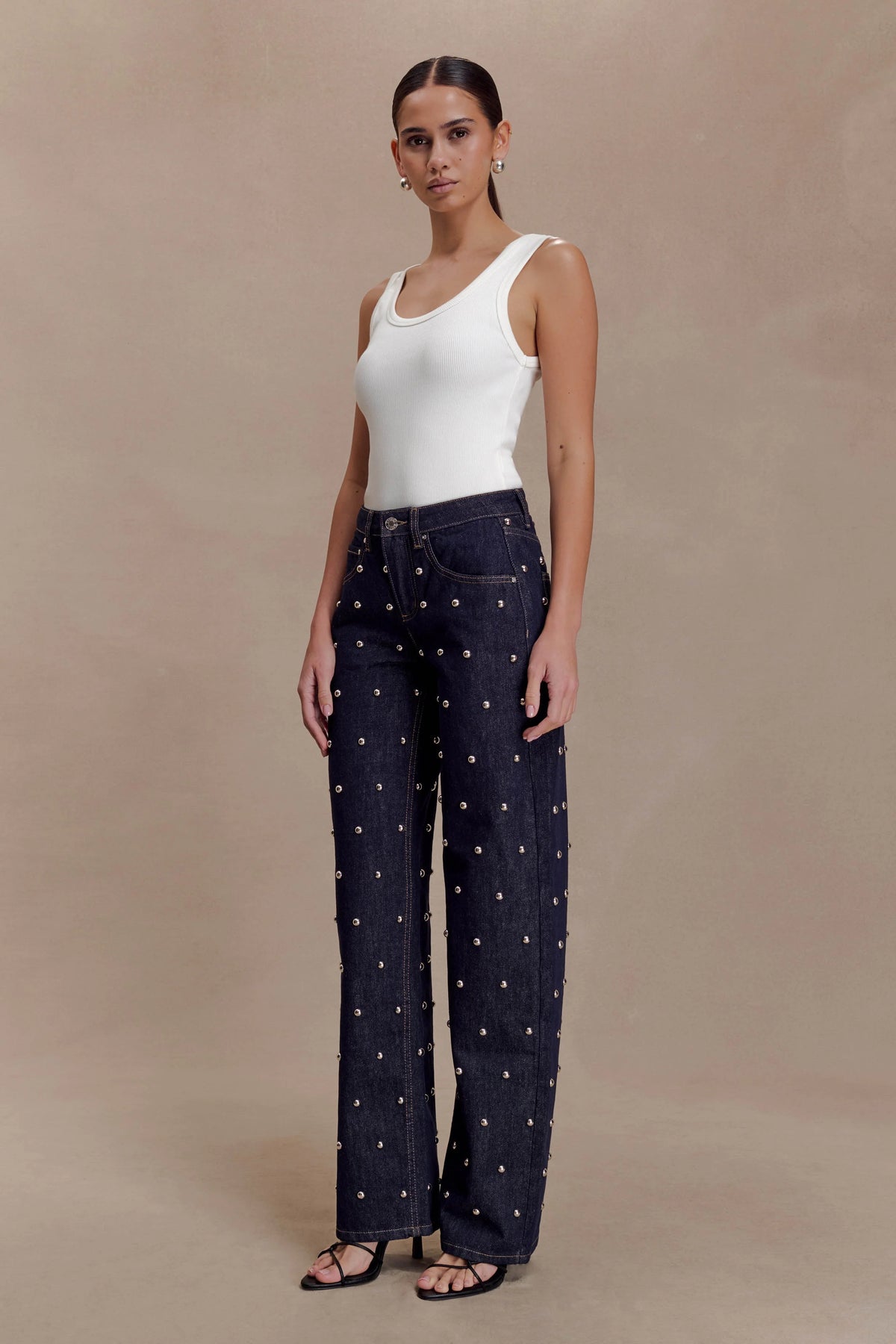 Alima Mid Rise Stud Denim Jeans - Washed Indigo Blue