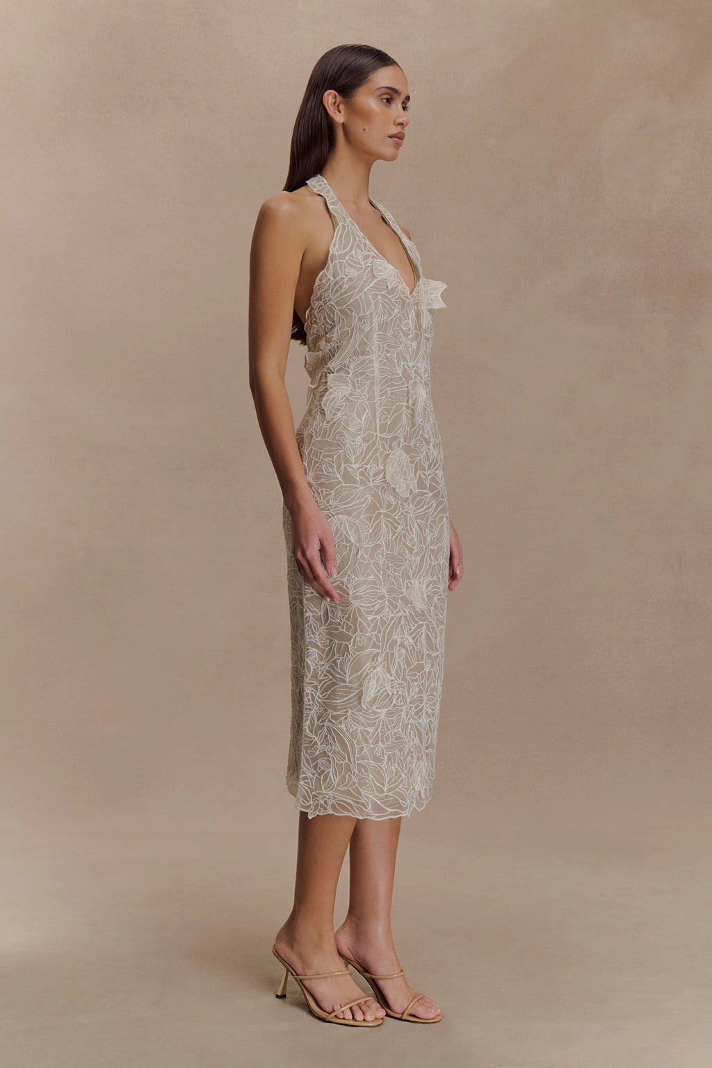 Lenore Silk Lace Halter Midi Dress - Ivory