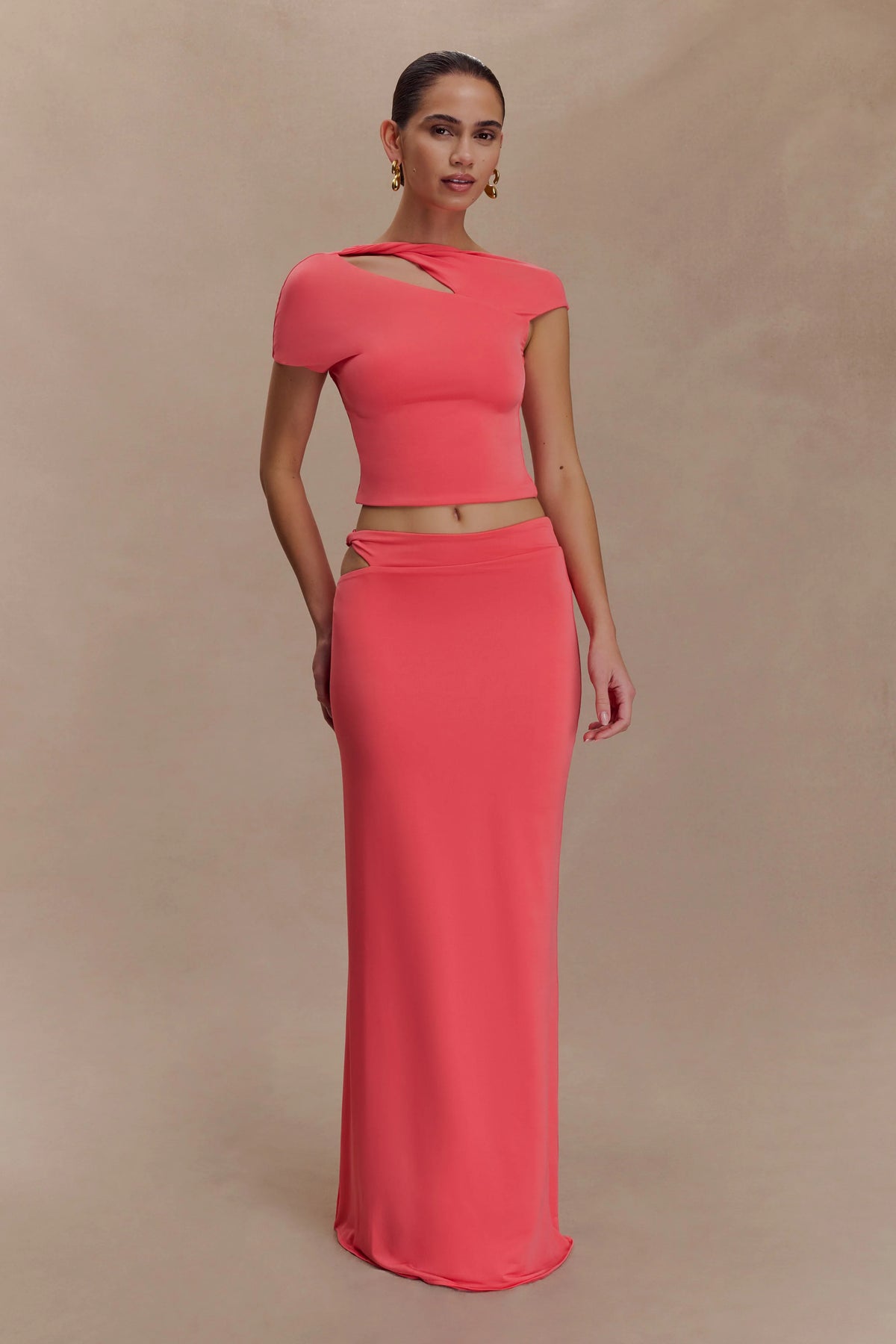 Haven Slinky Twist Midi Skirt - Coral