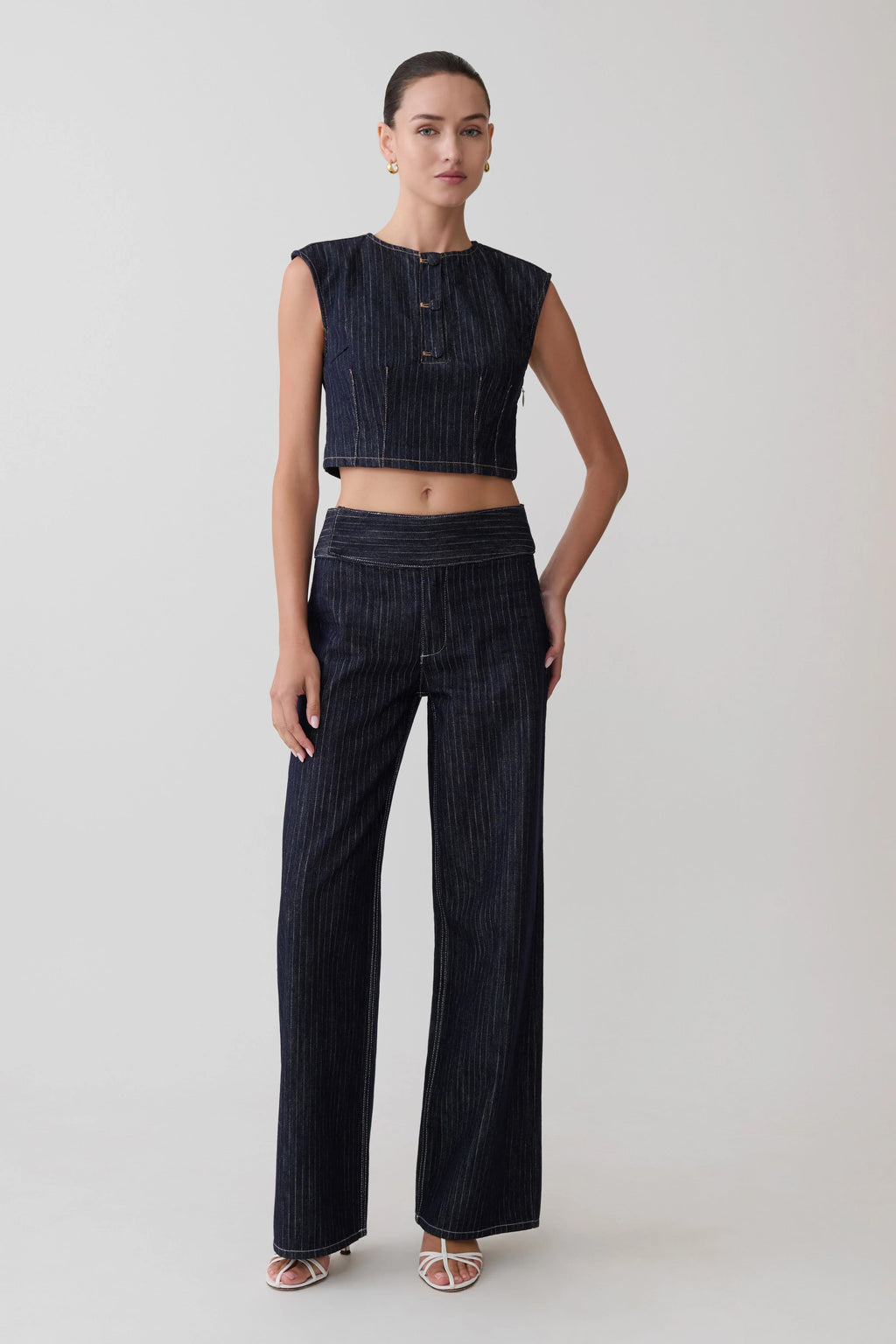 Sienna Flare Mid Rise Denim Jeans - Indigo Pinstripe