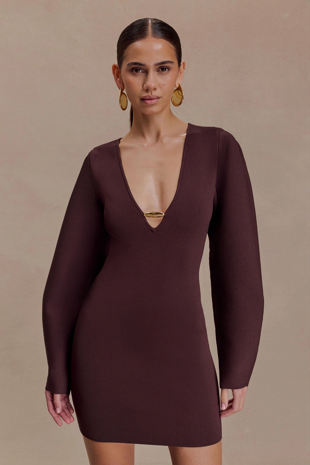 Billy Balloon Sleeve Knit Mini Dress - Dark Chocolate