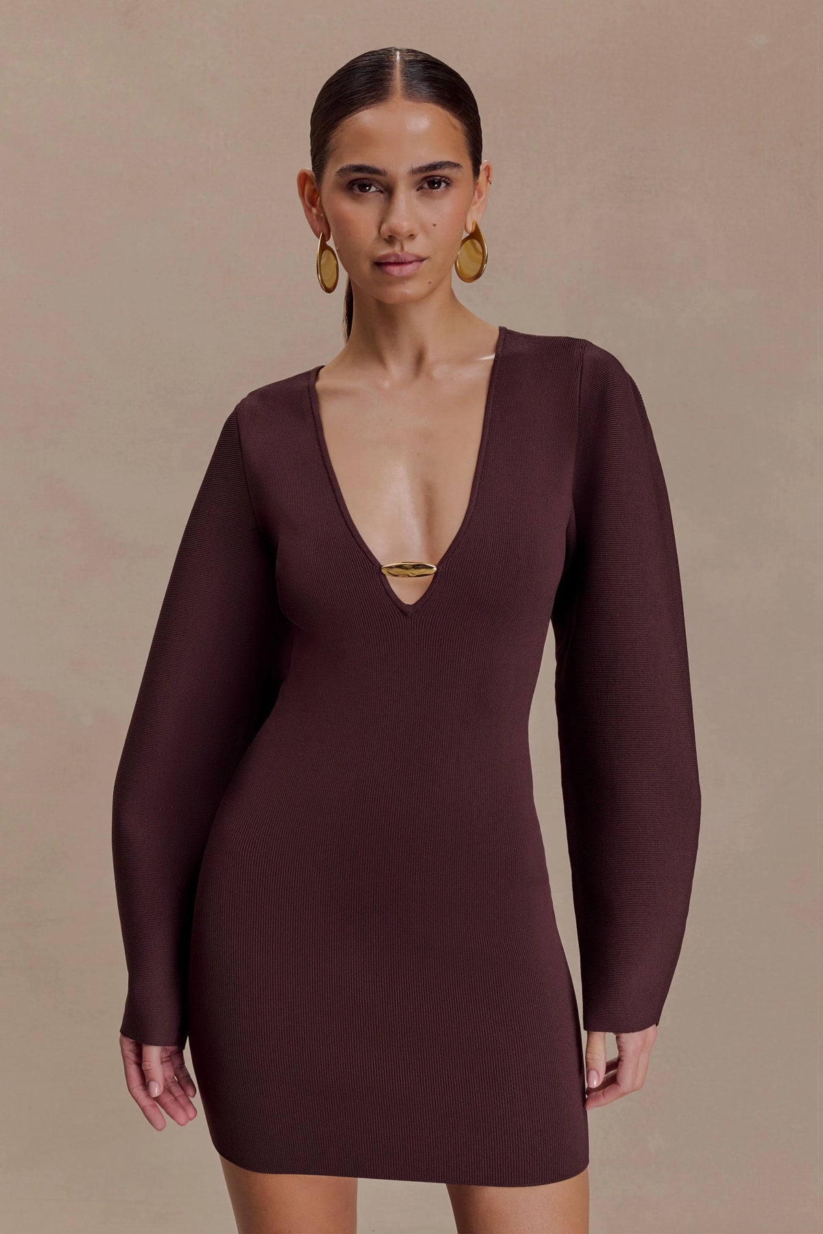Billy Balloon Sleeve Knit Mini Dress - Dark Chocolate
