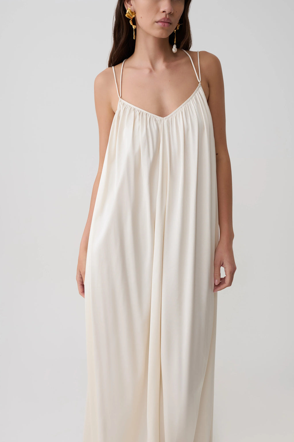 Adriana Satin Gathered Maxi Dress - Buttercream