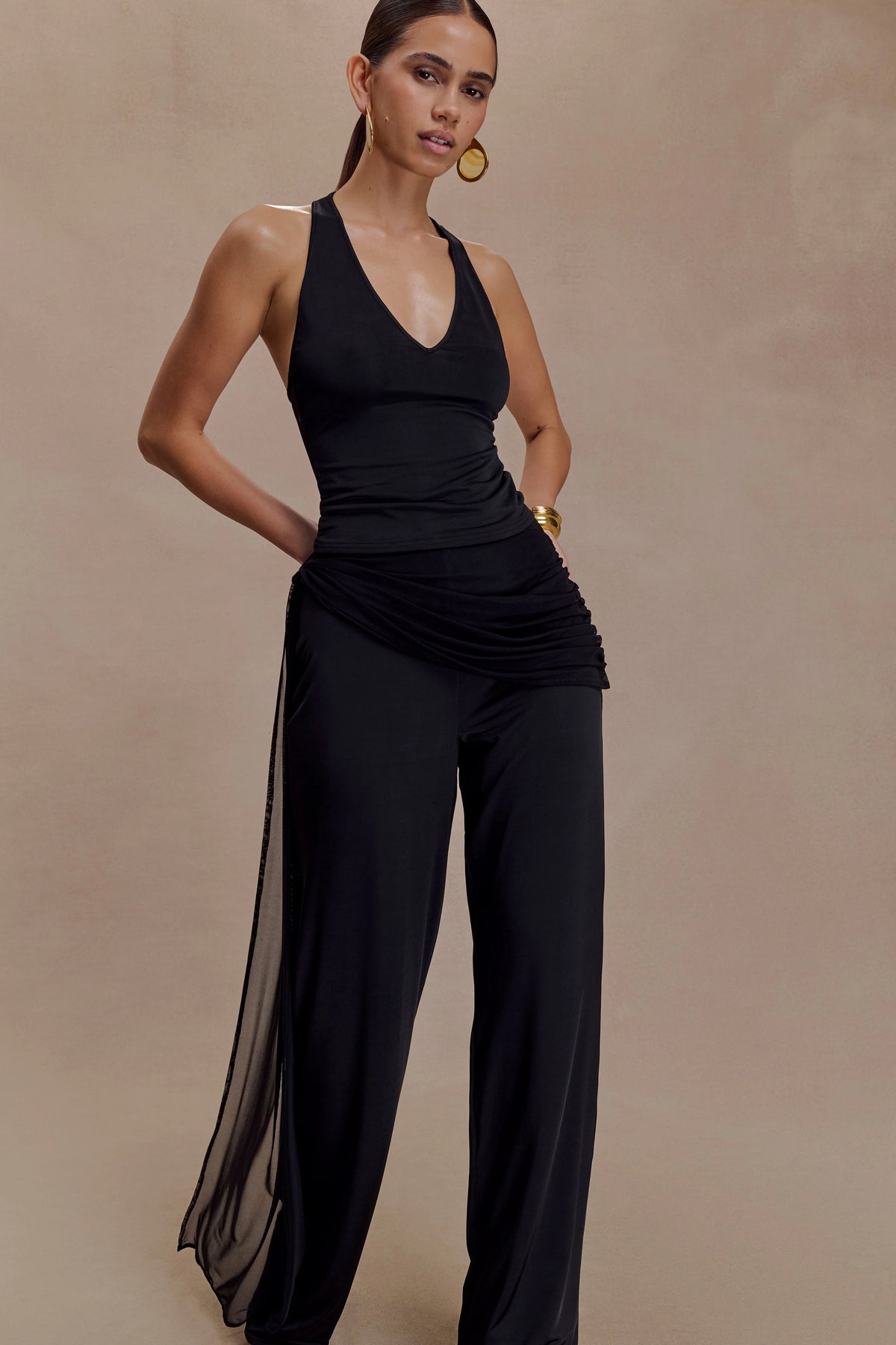 Aspyn Slinky Gathered Wide Leg Pants - Black