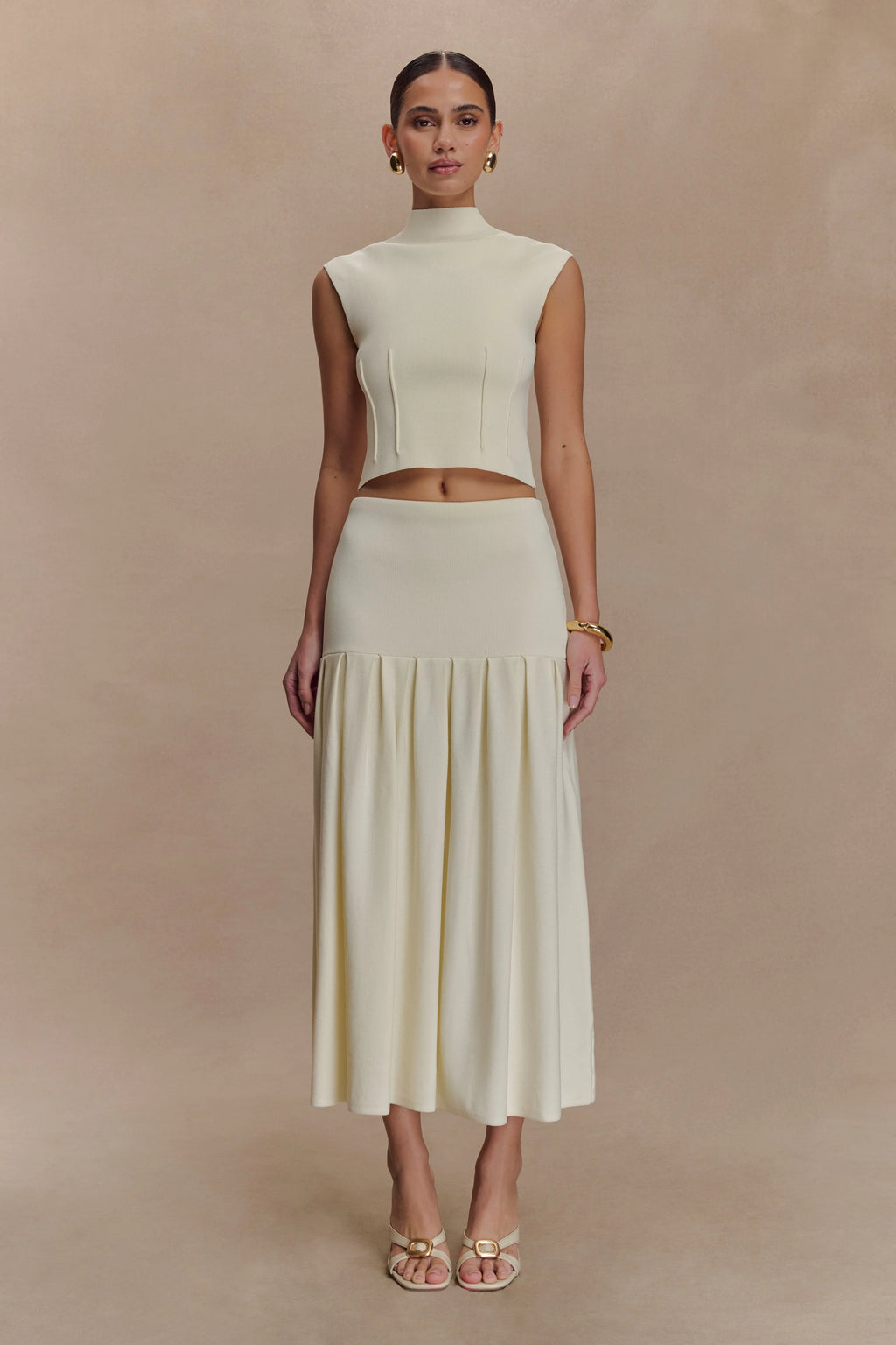 Romaine High Neck Bandage Knit Top - Ivory