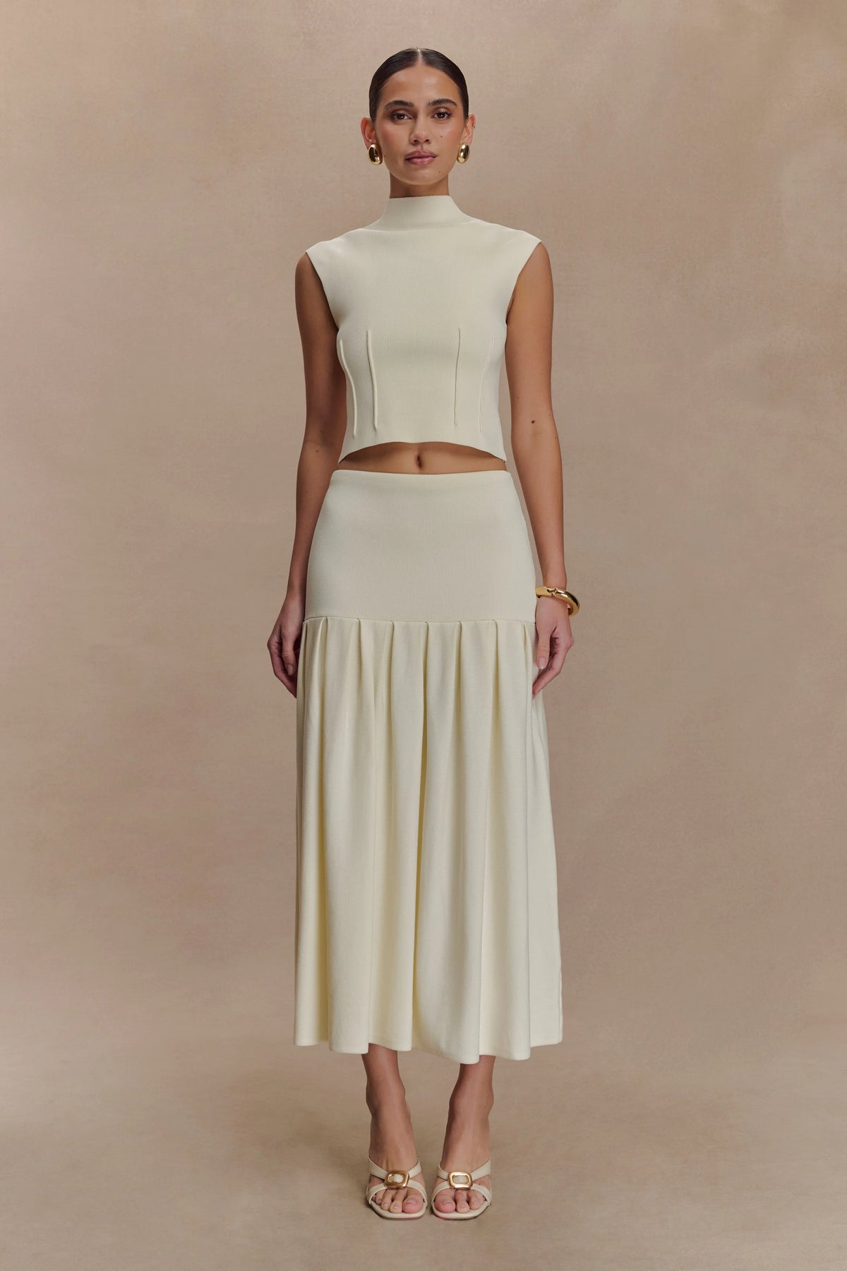 Romaine High Neck Bandage Knit Top - Ivory