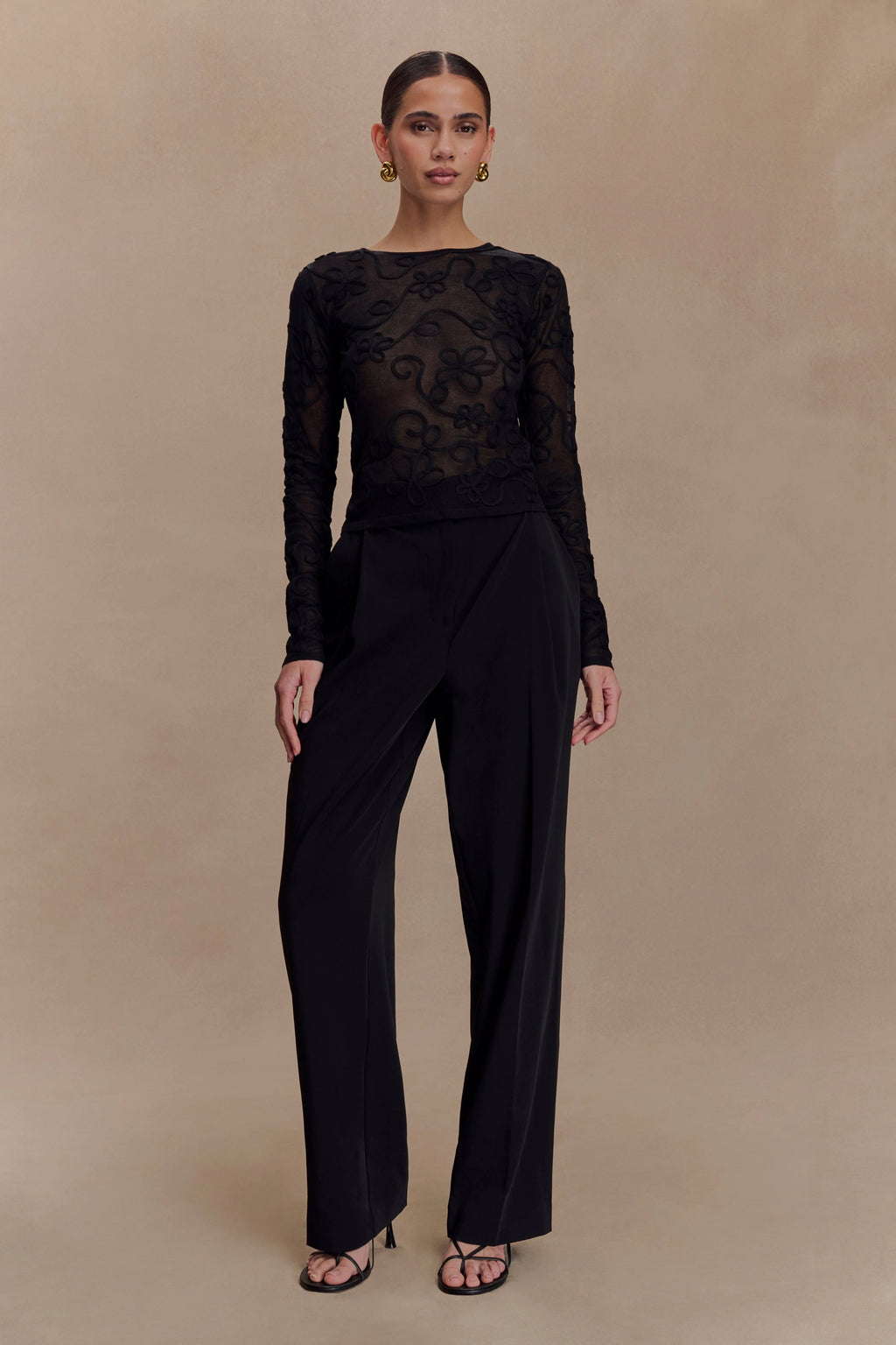Omari Embroidery Long Sleeve Knit Top - Black