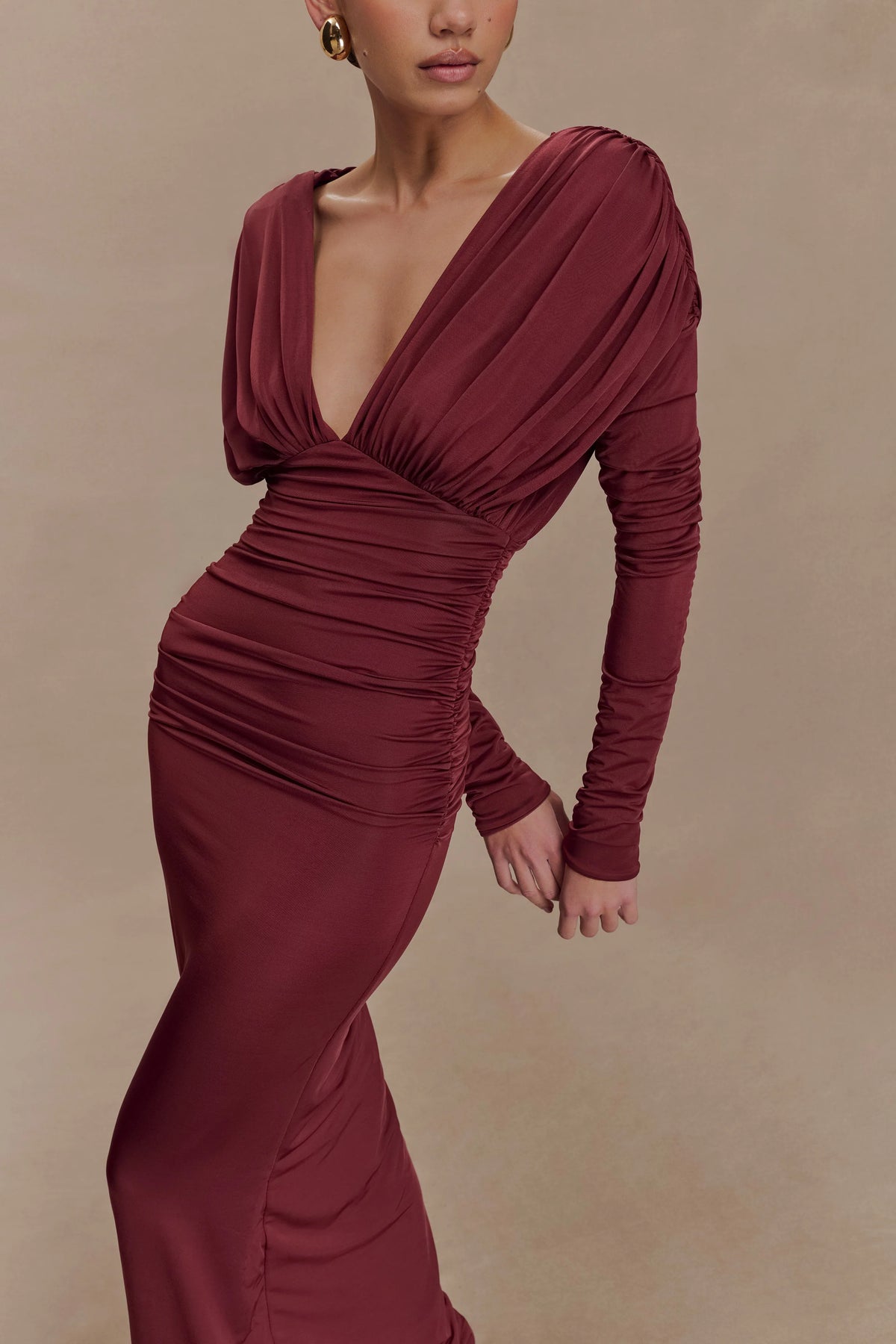 Hayden Long Sleeve Plunge Maxi Dress - Wine