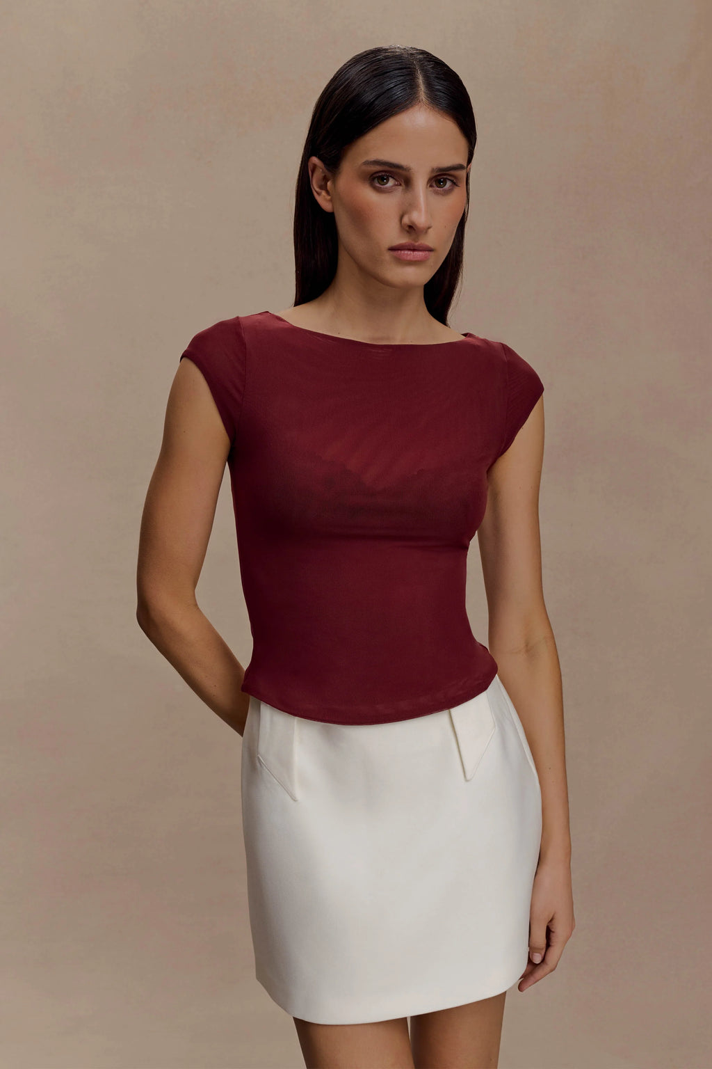 Romana Short Sleeve Mesh Top - Burgundy