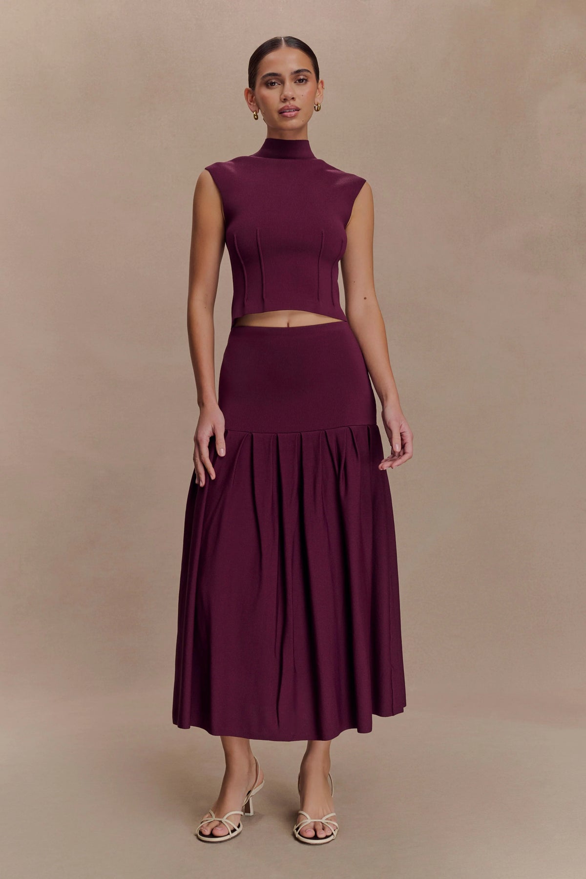 Romaine High Neck Bandage Knit Top - Wine